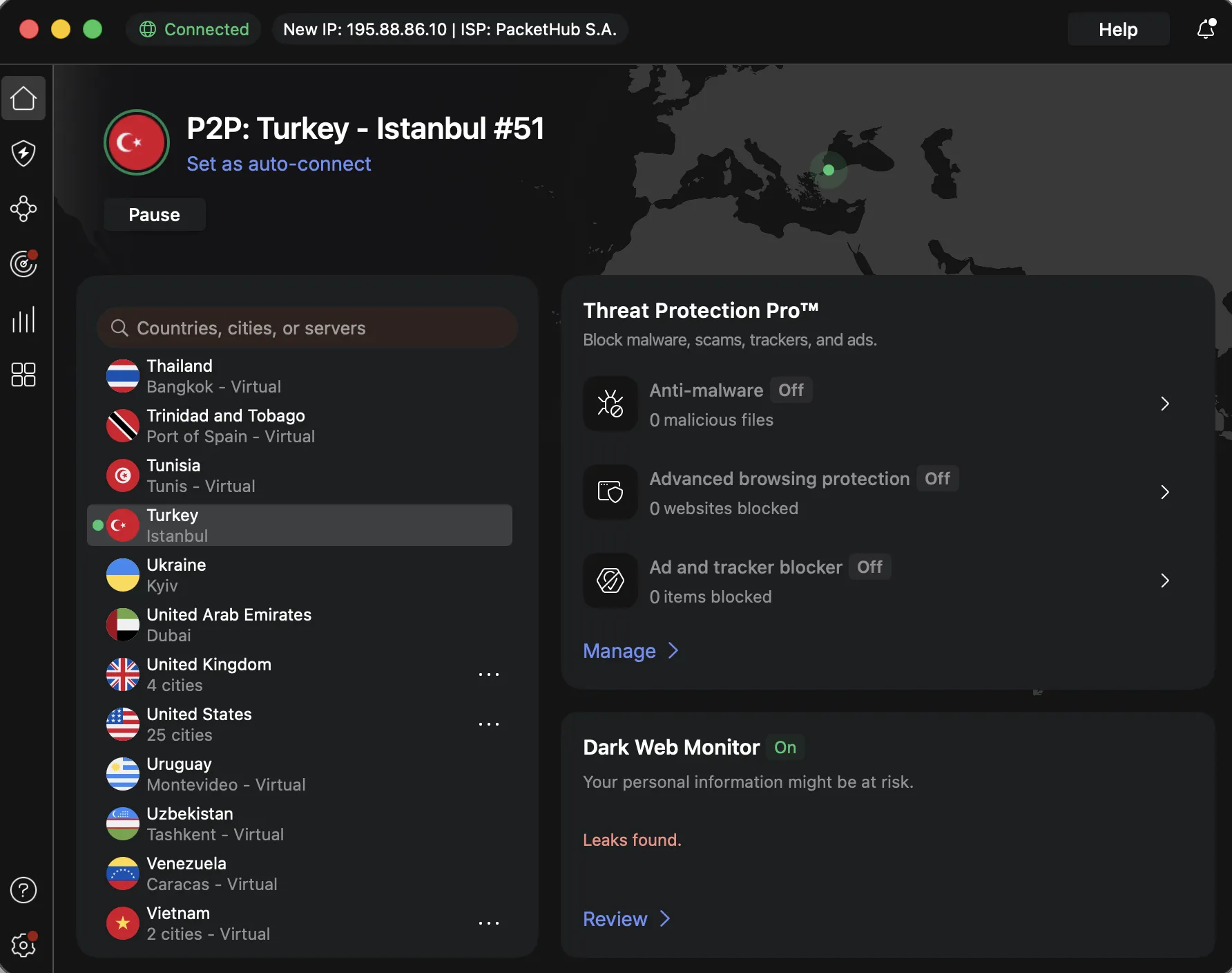 nordvpn-istanbul-server-connected-view | Venclikovi.com NordVPN connected to Turkey with Istanbul server selected and Turkish IP assigned.