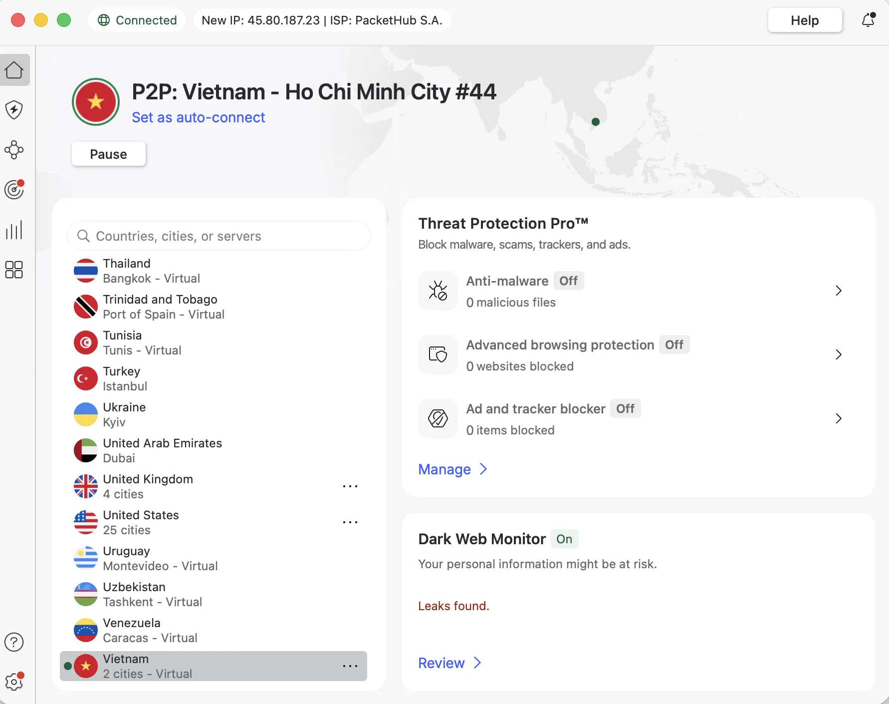nordvpn-vietnam-connected | Venclikovi.com NordVPN connected to a Vietnam server in Ho Chi Minh City, showing user interface and server list.
