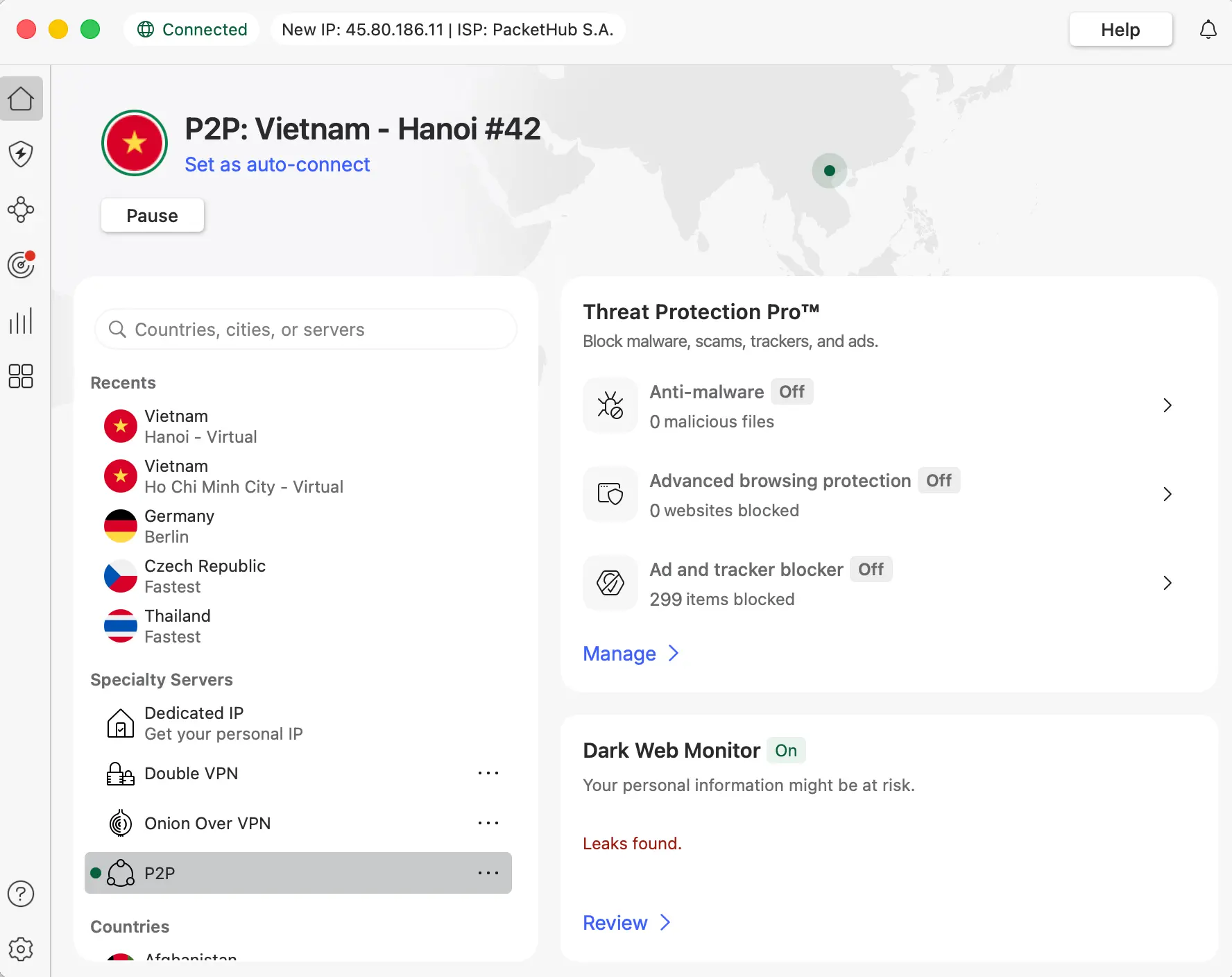 nordvpn-vietnam-p2p-hanoi-server-view | Venclikovi.com NordVPN Hanoi server connected with threat protection settings visible