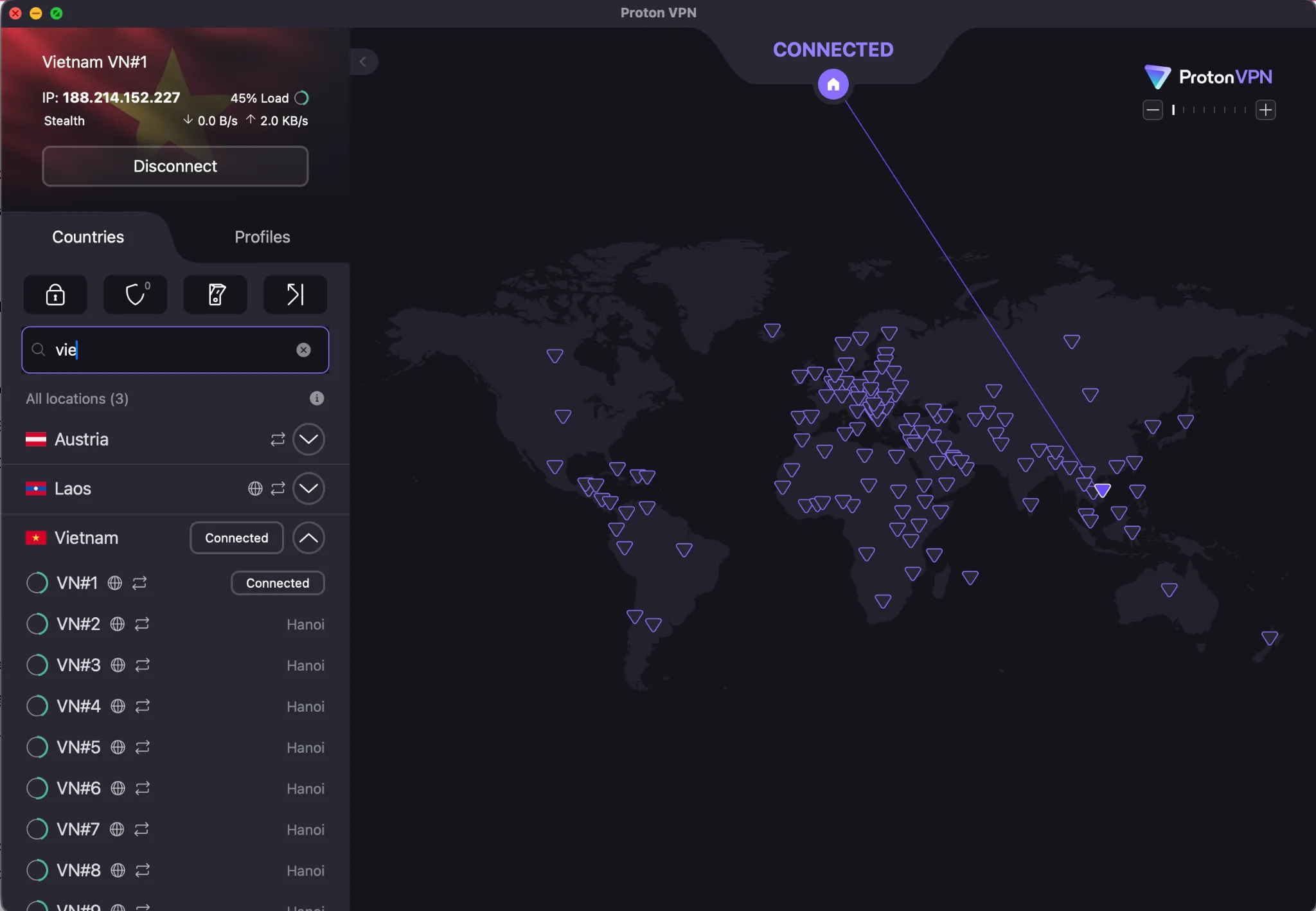 protonvpn-vietnam-connected | Venclikovi.com ProtonVPN connected to a server in Hanoi, Vietnam, showing global map and secure connection path.