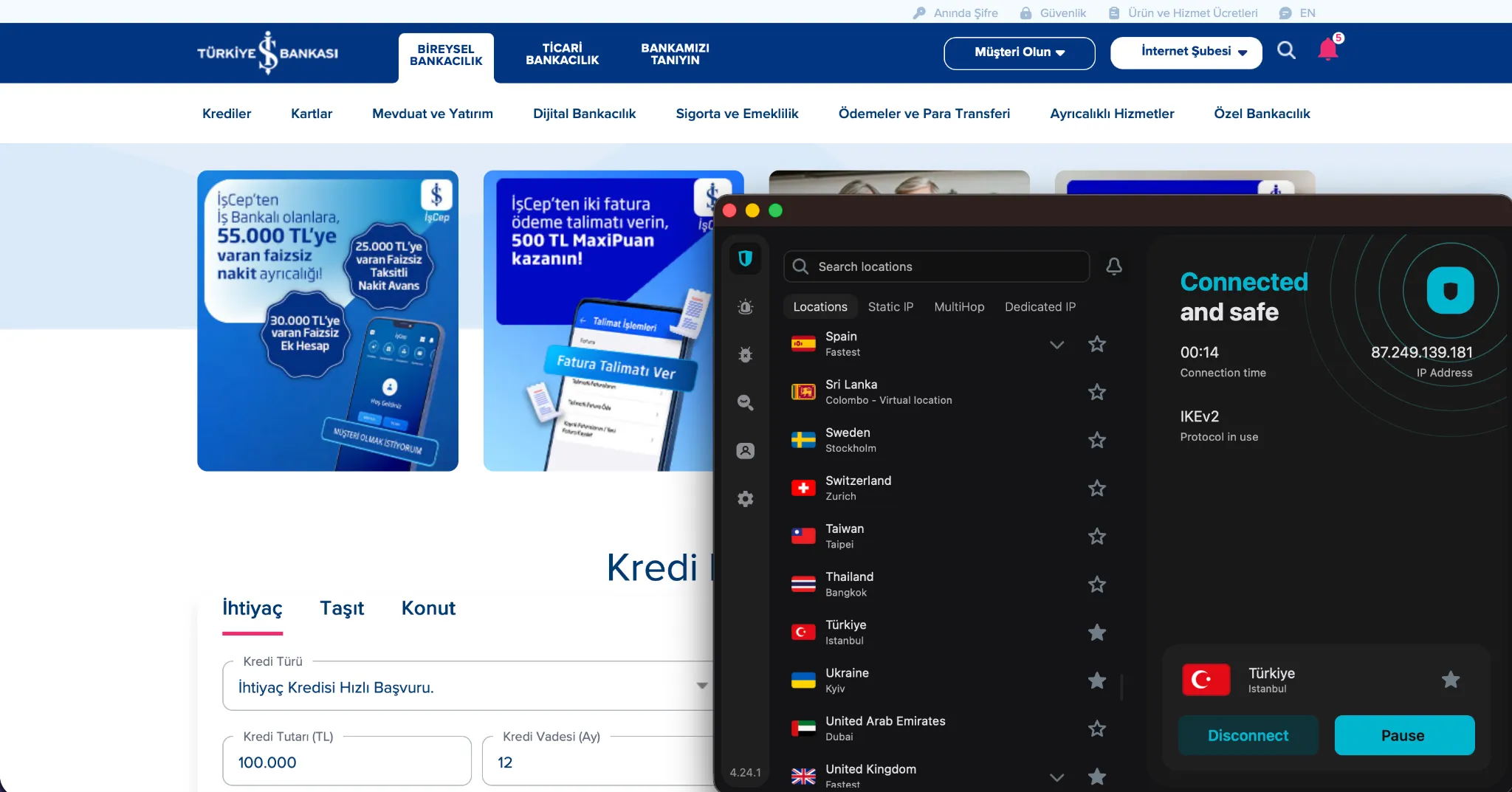 surfshark-turkey-ip-accessing-isbank | Venclikovi.com Surfshark connected to Istanbul server while logging into Türkiye İş Bankası.