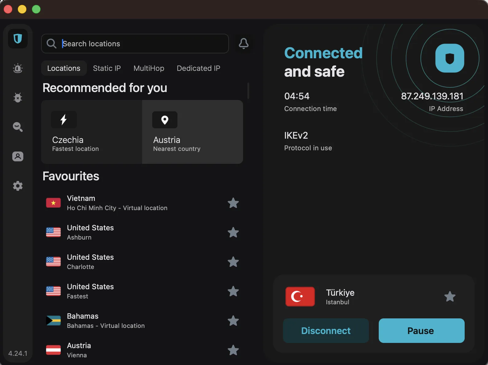 surfshark-vpn-turkey-istanbul-connected | Venclikovi.com Surfshark VPN connected to a Turkish IP address via Istanbul virtual server.