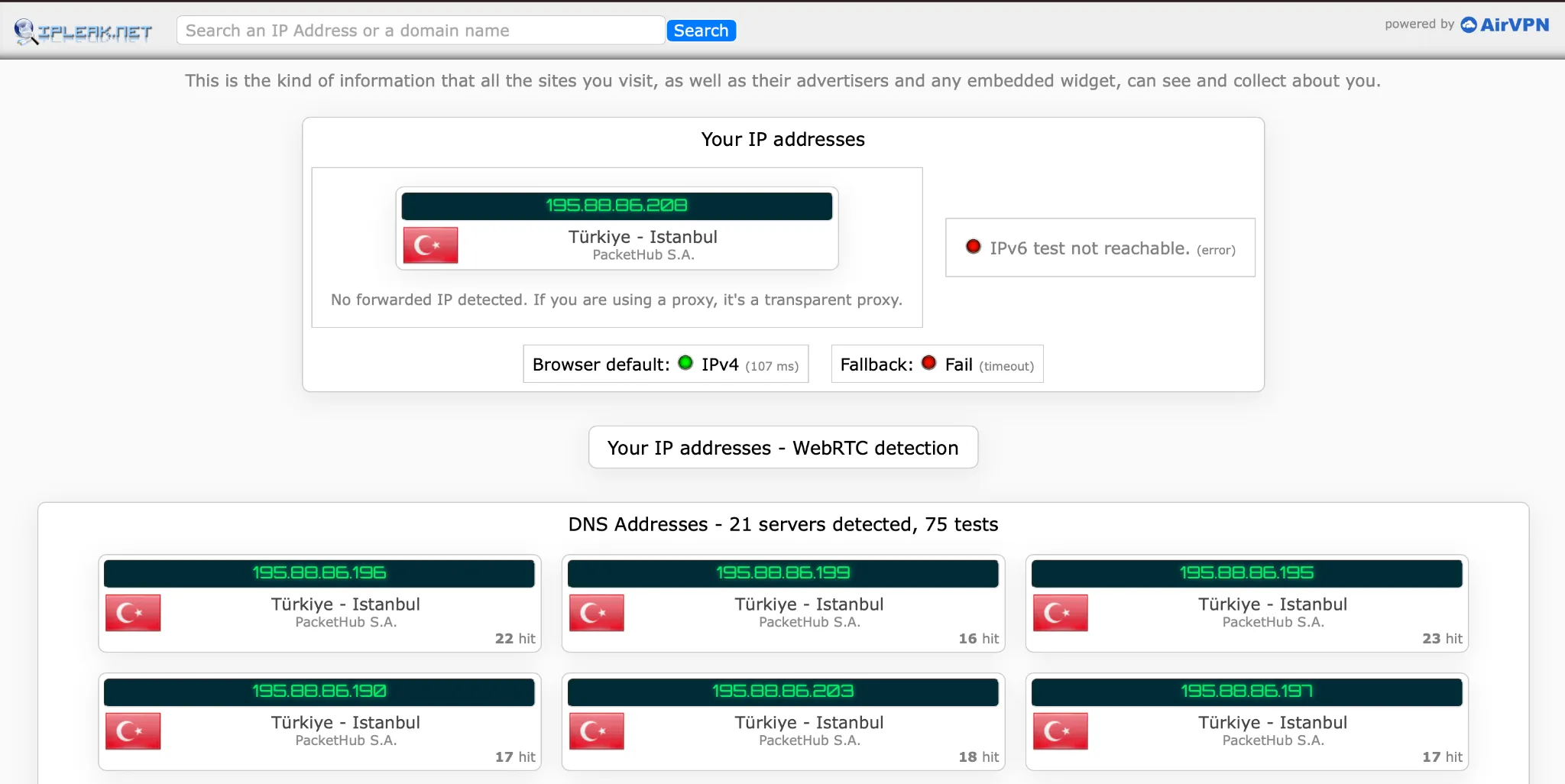 turkey-ip-address-confirmed-ipleak-net | Venclikovi.com ipleak.net test confirming a Turkish IP address with multiple DNS servers in Istanbul.