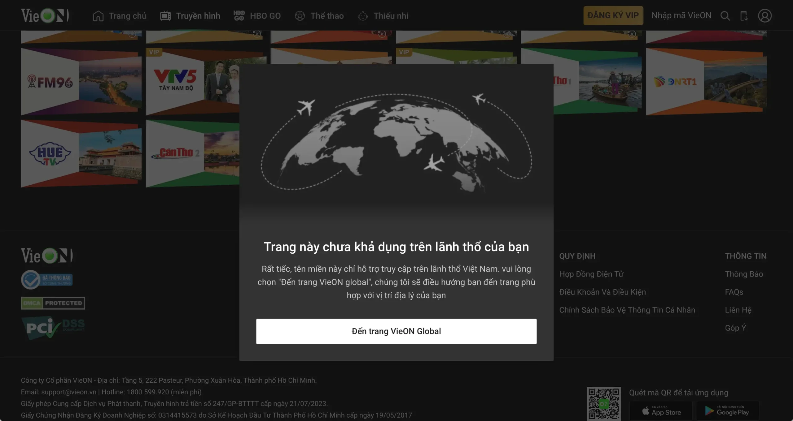 Error screen from VieON displaying geo-block message for users outside Vietnam