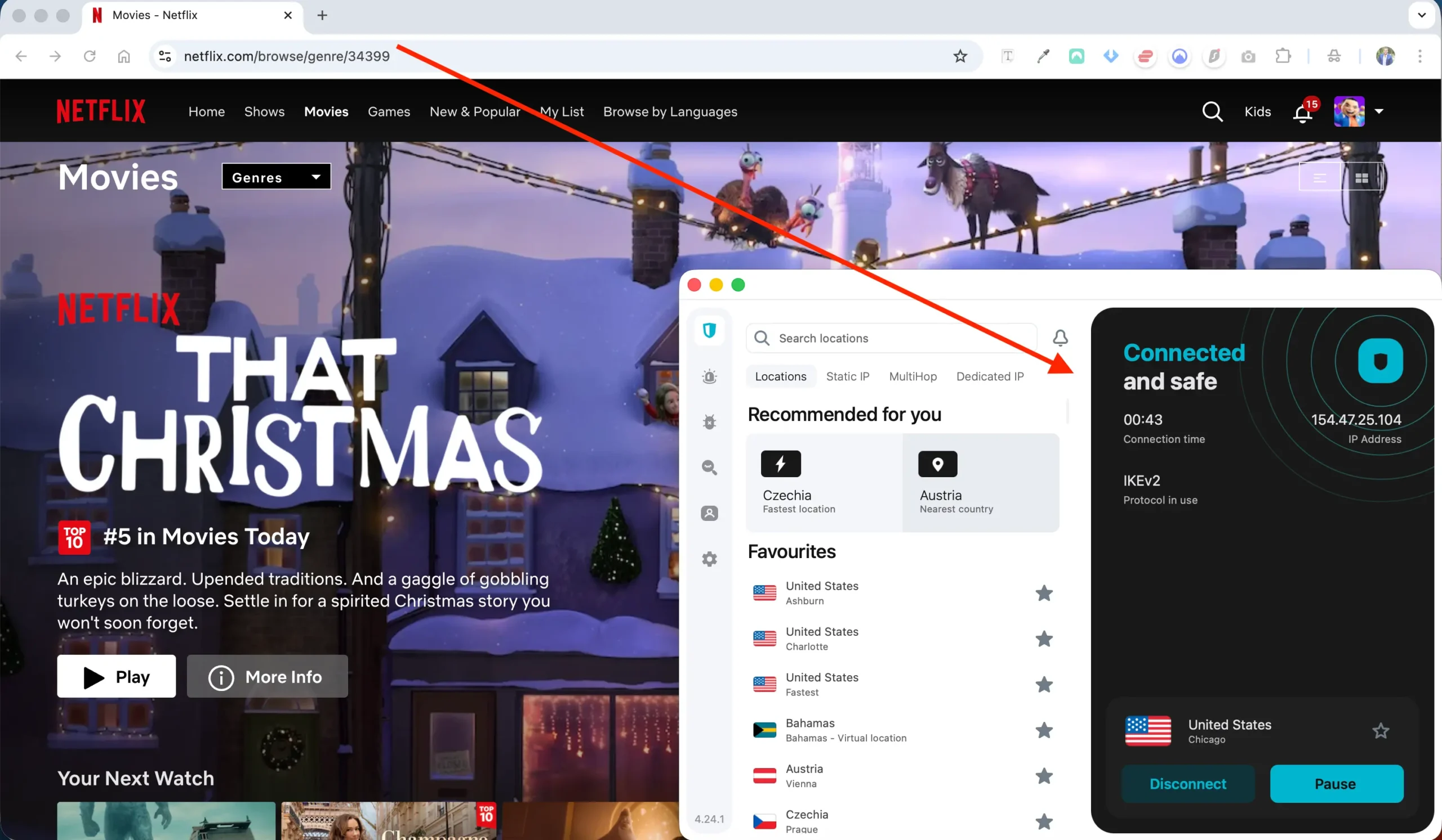 vpn-connected-netflix-movies-usa-SurfShark | Venclikovi.com VPN connected to United States while browsing Netflix movies