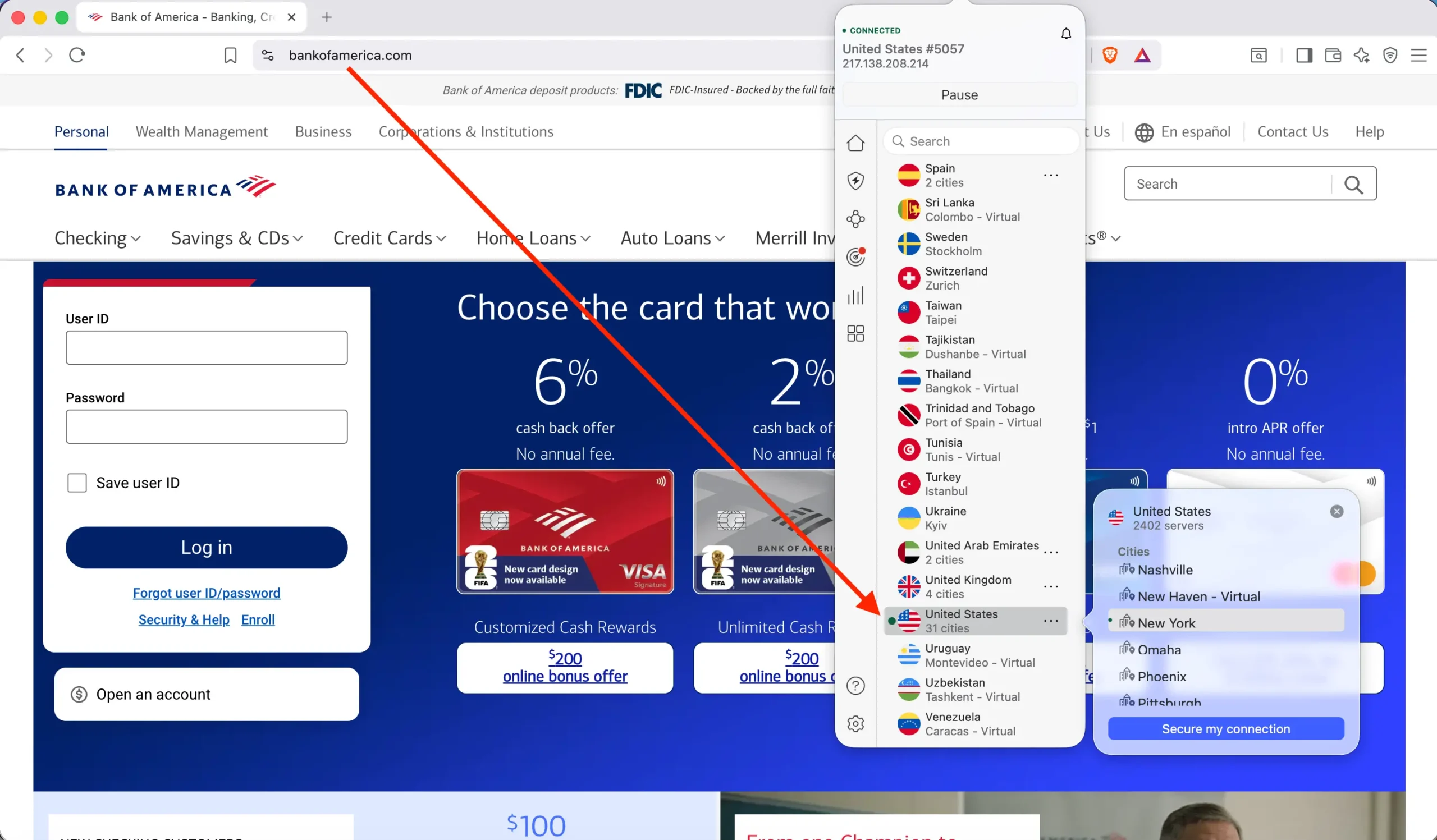 Bank of America - NordVPN connect US | Venclikovi.com Bank of America login page accessed through a VPN connection set to a United States server, showing how a US IP address restores access from abroad.