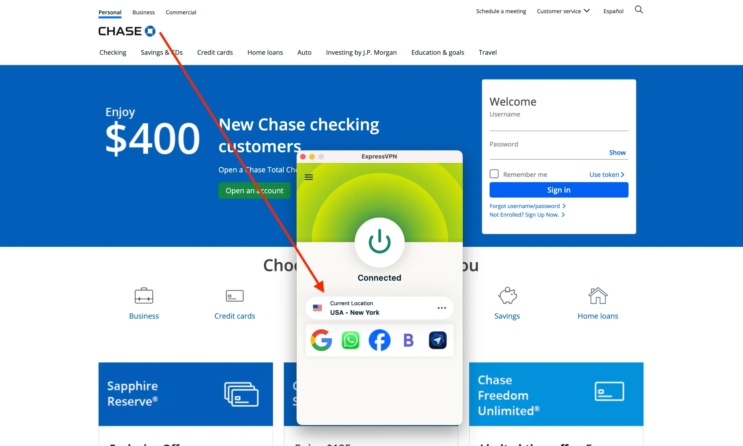 Chase Bank connect to US Server ExpressVPN | Venclikovi.com ExpressVPN connected to a US New York server while accessing Chase Bank online