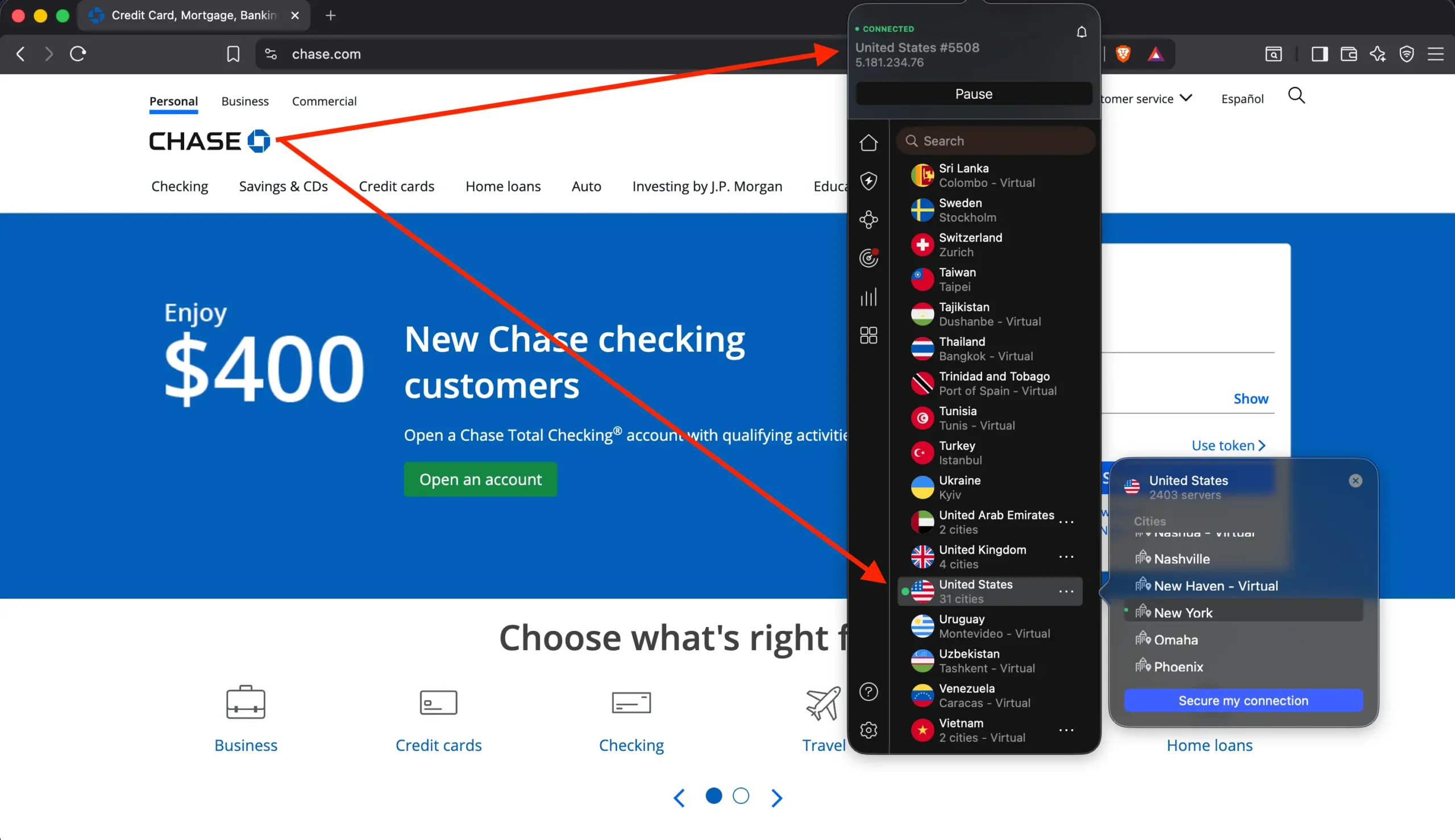 Chase Bank connect to US Server NordVPN | Venclikovi.com NordVPN interface showing US connection recommended for online banking