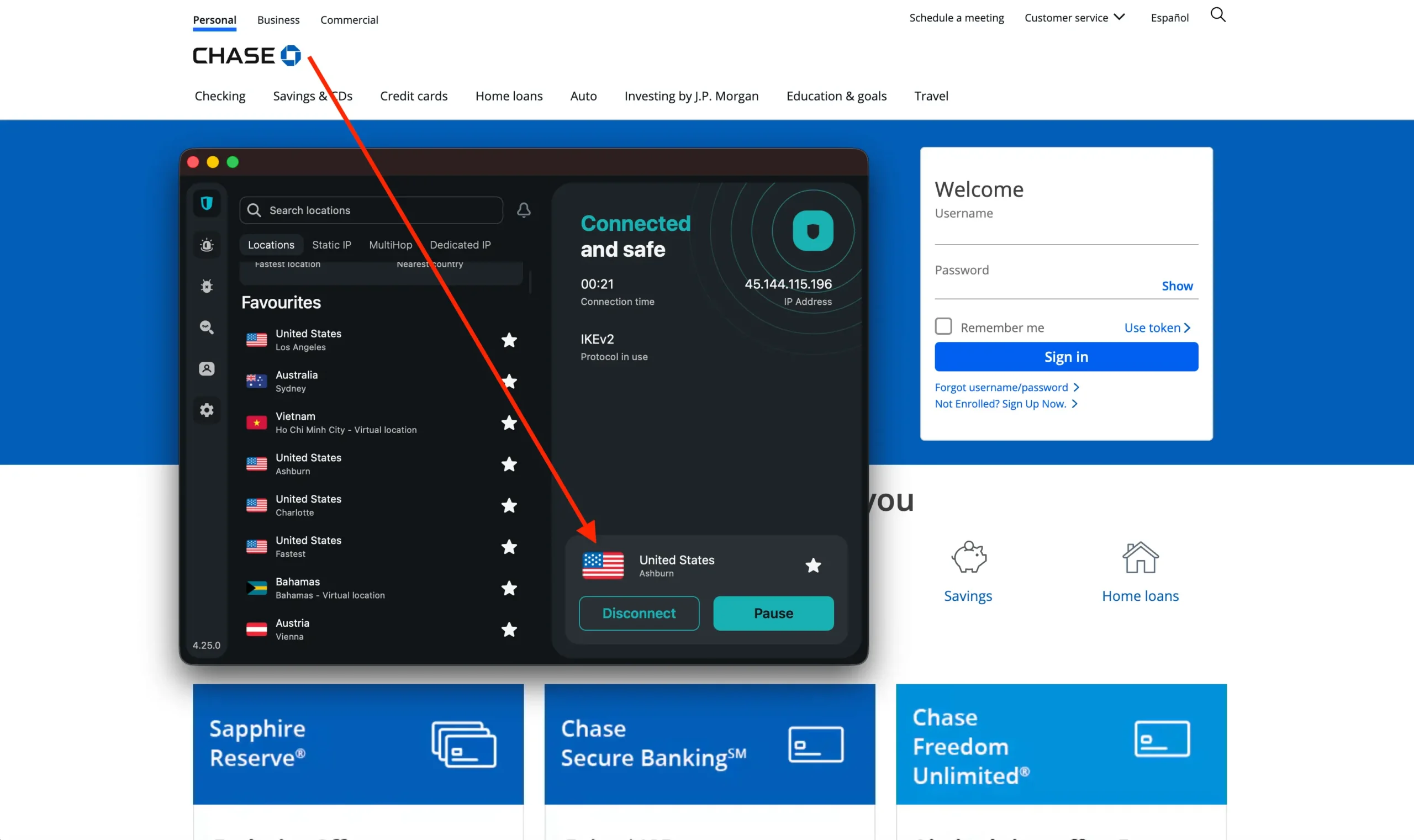 Chase Bank connect to US Server SurfShark | Venclikovi.com Surfshark VPN connected to a US server before opening the Chase app