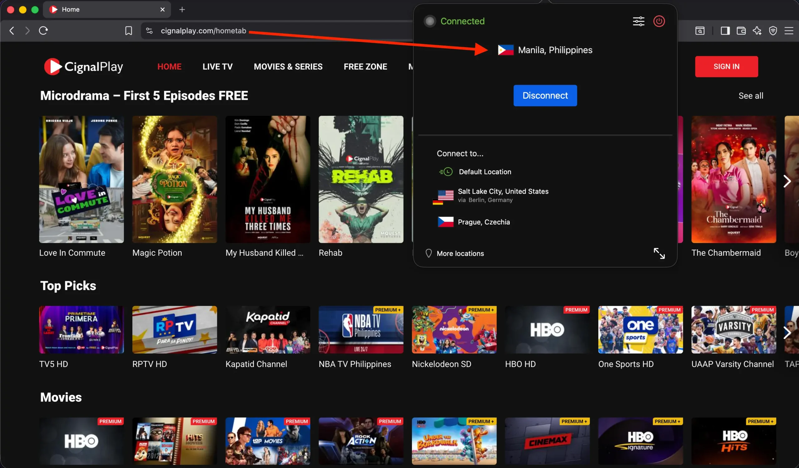 Cignal Play watch with IPVanish | Venclikovi.com Watching Filipino shows on Cignal Play using IPVanish connected to a Philippines IP