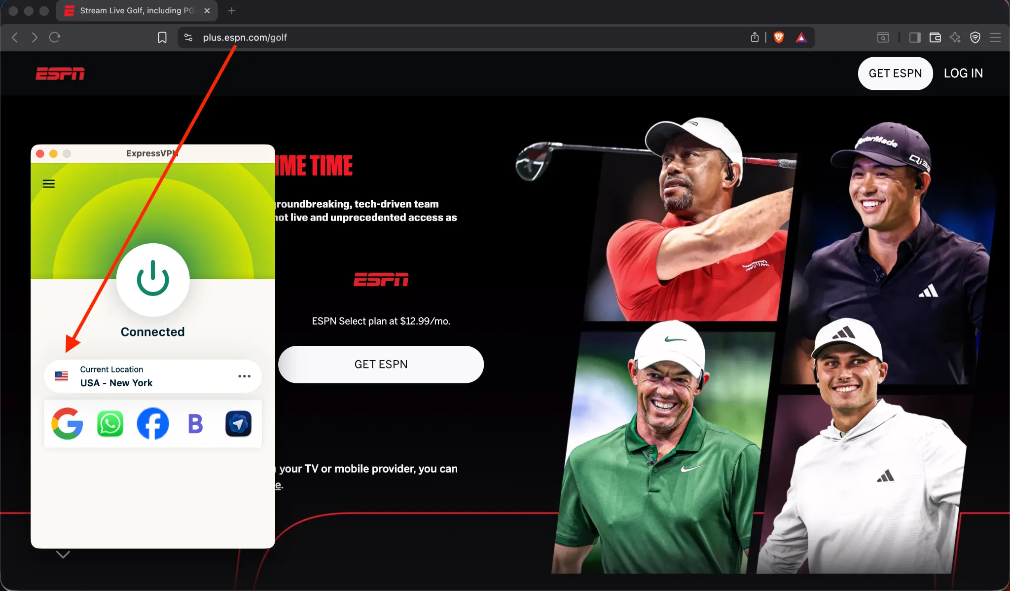 ESPN-plus-golf-ExpressVPN | Venclikovi.com ESPN+ homepage with ExpressVPN connected to New York server to unblock live golf streaming from outside the US