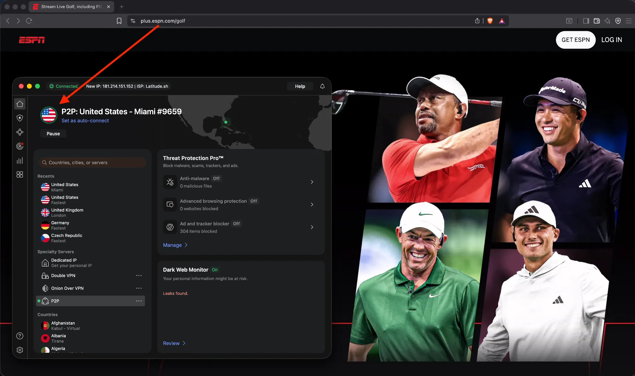 ESPN-plus-golf-NordVPN | Venclikovi.com NordVPN interface showing a secure US connection while streaming ESPN+ golf content live