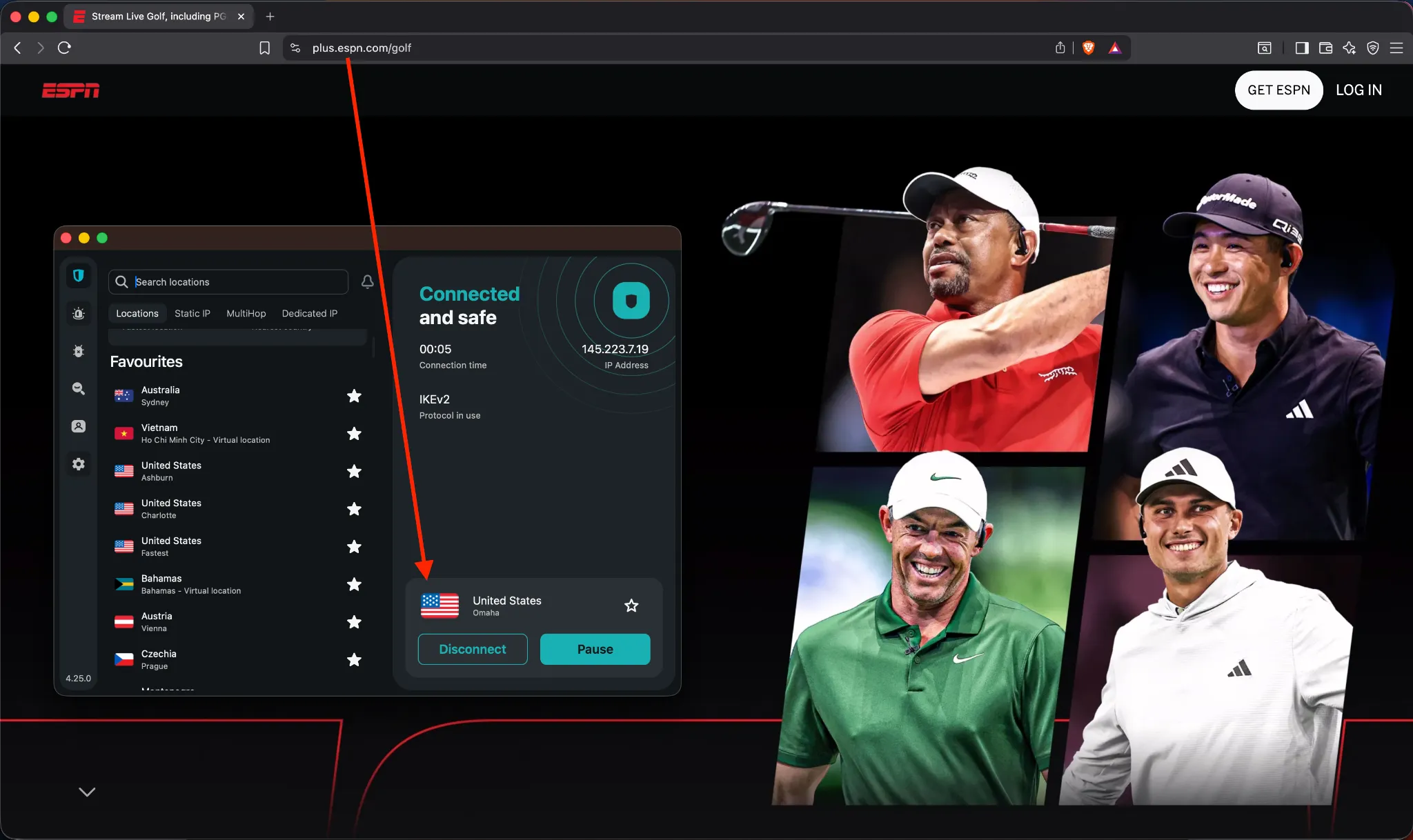ESPN-plus-golf-SurfShark | Venclikovi.com SurfShark connected to a US location, enabling live golf streaming on ESPN+ from anywhere