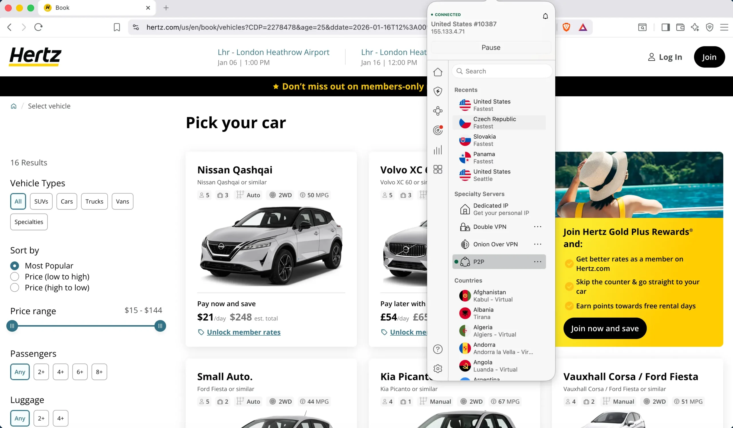 Hertz rental car with NordVPN | Venclikovi.com Car rental prices on Hertz website with VPN enabled, showing cheaper rates when booking from a different country