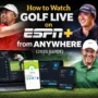 Promotional image showing how to watch golf live on ESPN+ from anywhere in 2026 using a VPN, featuring Tiger Woods, Rory McIlroy, and other top golfers, alongside a laptop, smartphone, and tablet with VPN apps connected to US servers.