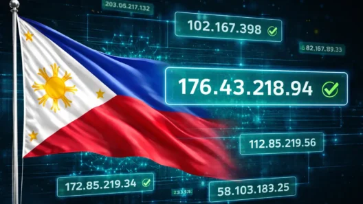 Philippine flag with glowing digital IP addresses, including 176.43.218.94, symbolizing a successful VPN connection to the Philippines.
