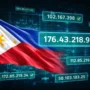 Philippine flag with glowing digital IP addresses, including 176.43.218.94, symbolizing a successful VPN connection to the Philippines.