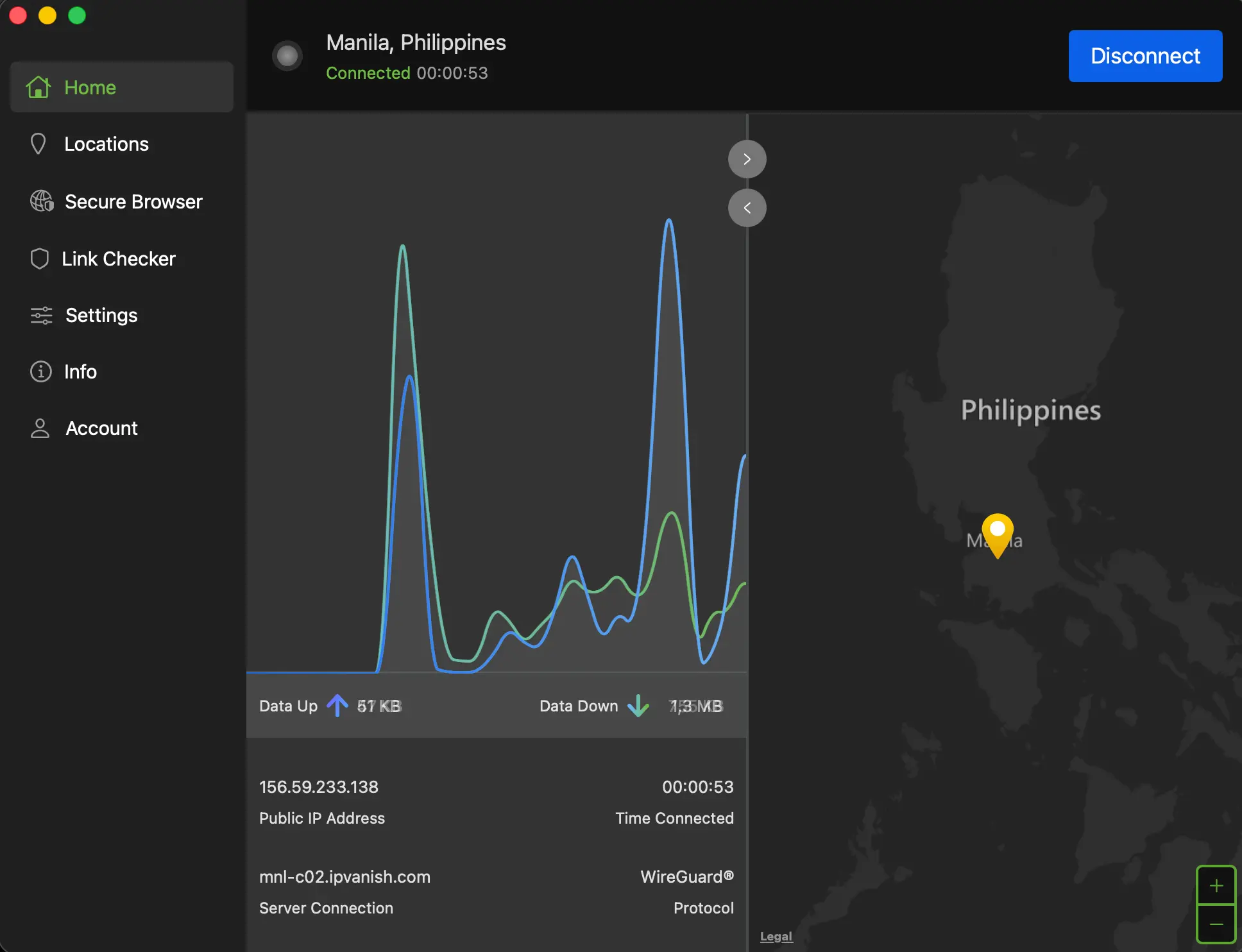 IPVanish Philippines IP address | Venclikovi.com IPVanish connected to Manila with Philippine IP address via WireGuard