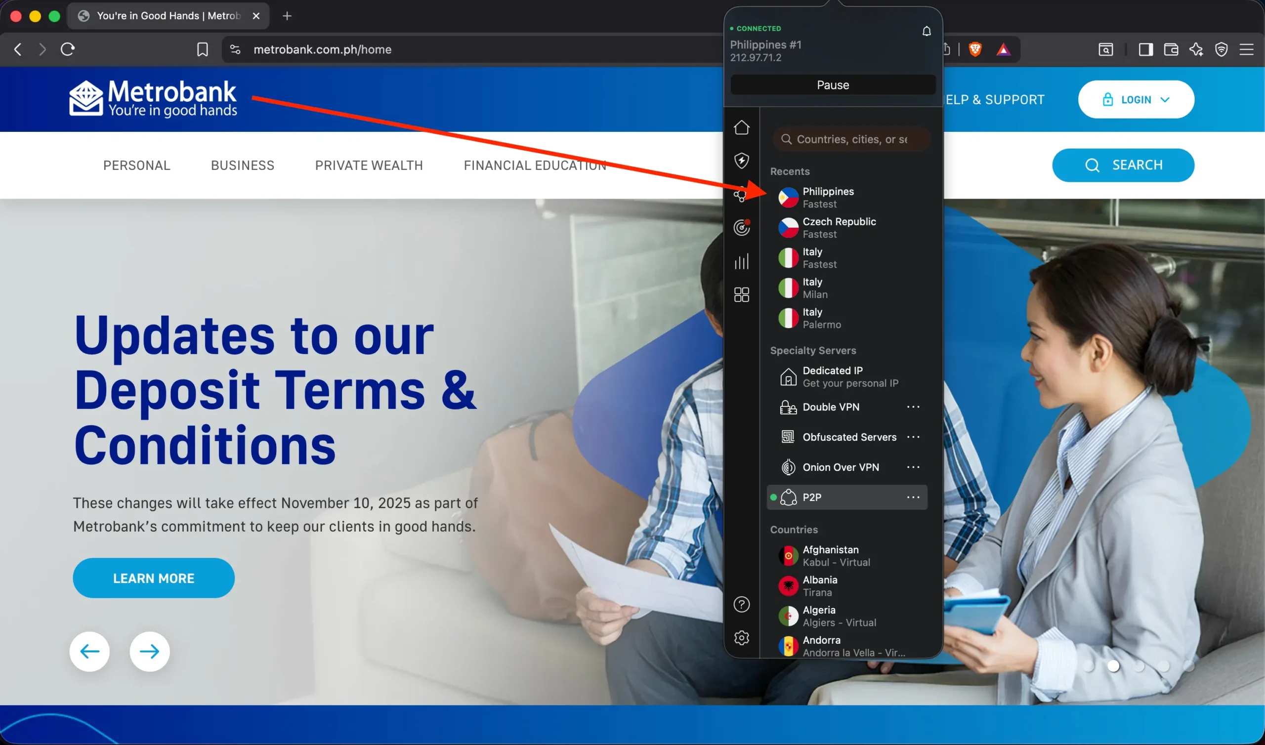 Metrobank connect with NordVPN | Venclikovi.com NordVPN connected to the Philippines while accessing Metrobank from abroad