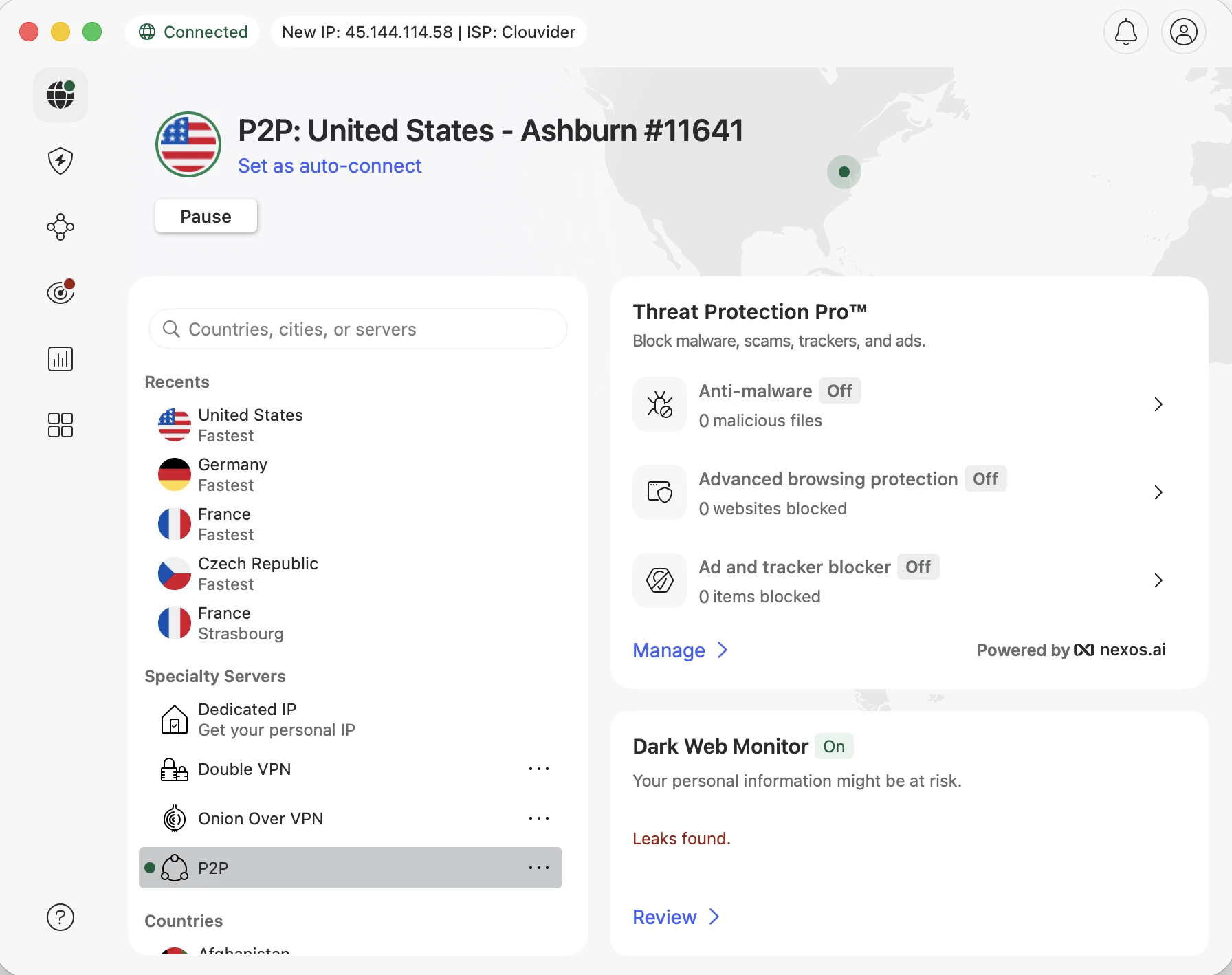 NordVPN connect to US servers | Venclikovi.com NordVPN connected to a United States server, showing a stable IP address for smooth Super Bowl streaming without buffering