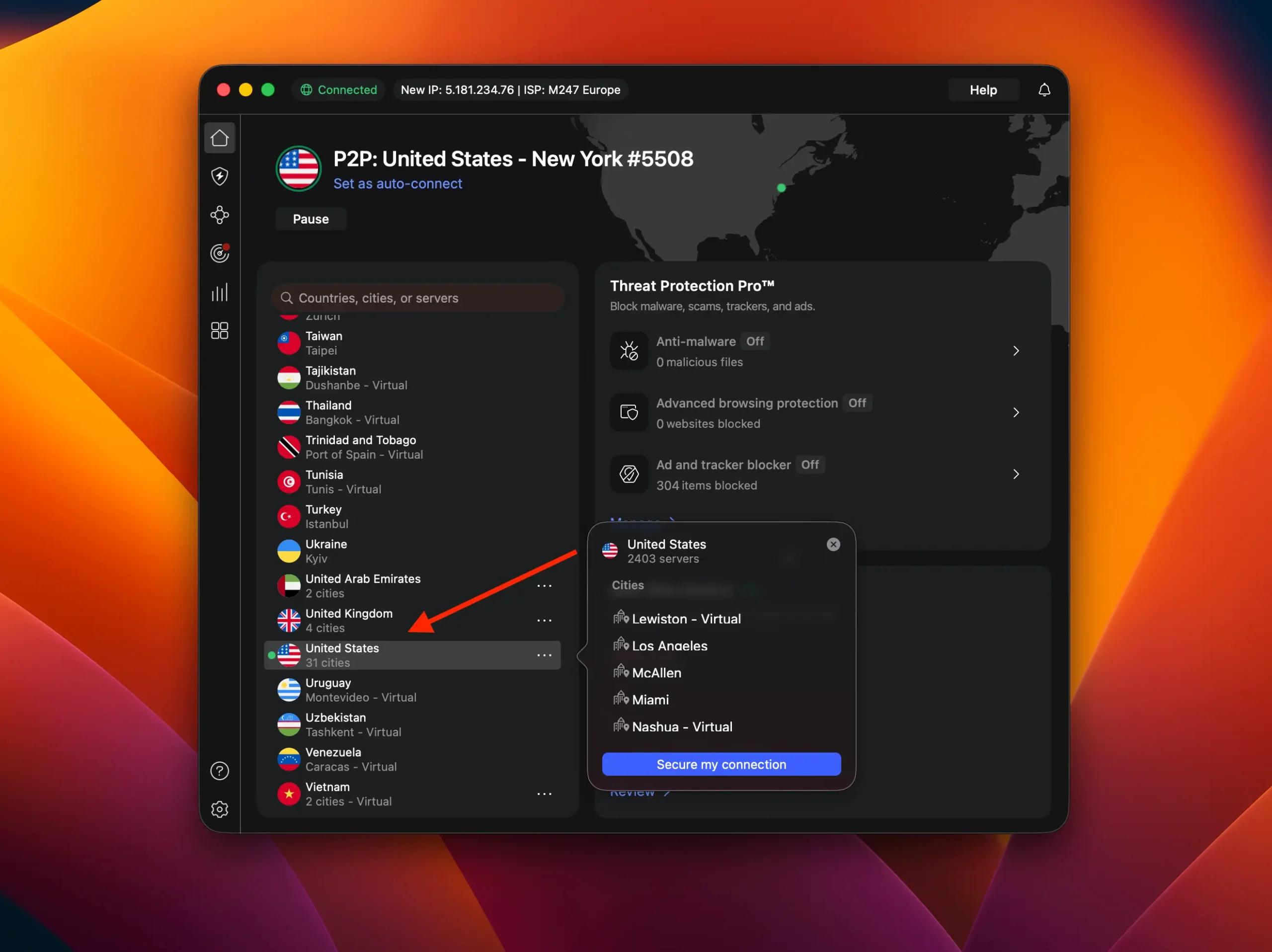 NordVPN ideal VPN for Banks | Venclikovi.com VPN app showing multiple United States server locations for banking access