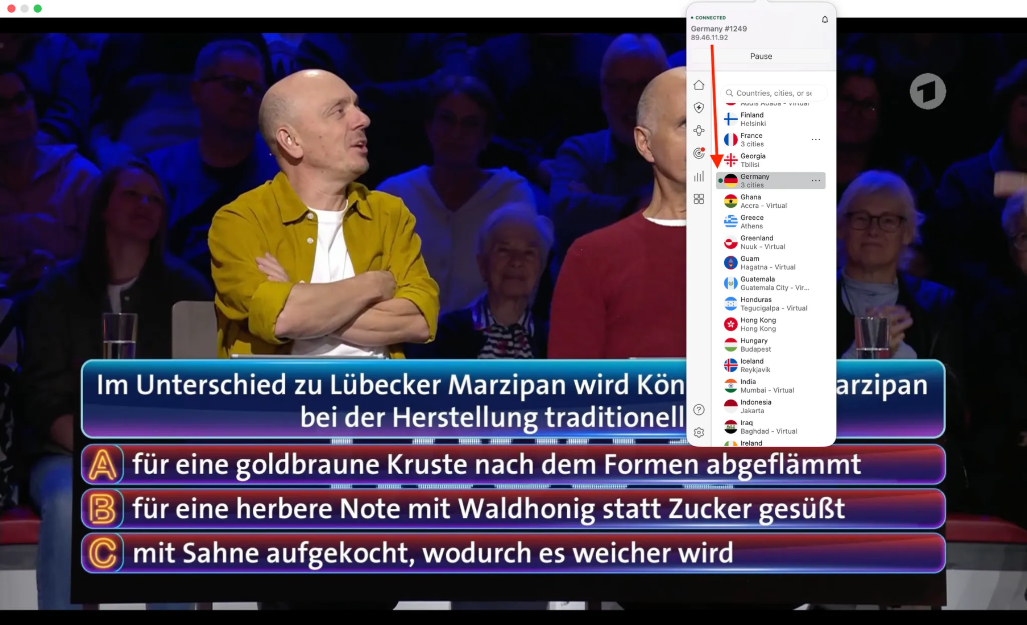 Streaming-Das-Erste-quiz-show | Venclikovi.com Das Erste quiz show “Wer weiß denn sowas?” playing live with NordVPN connection visible