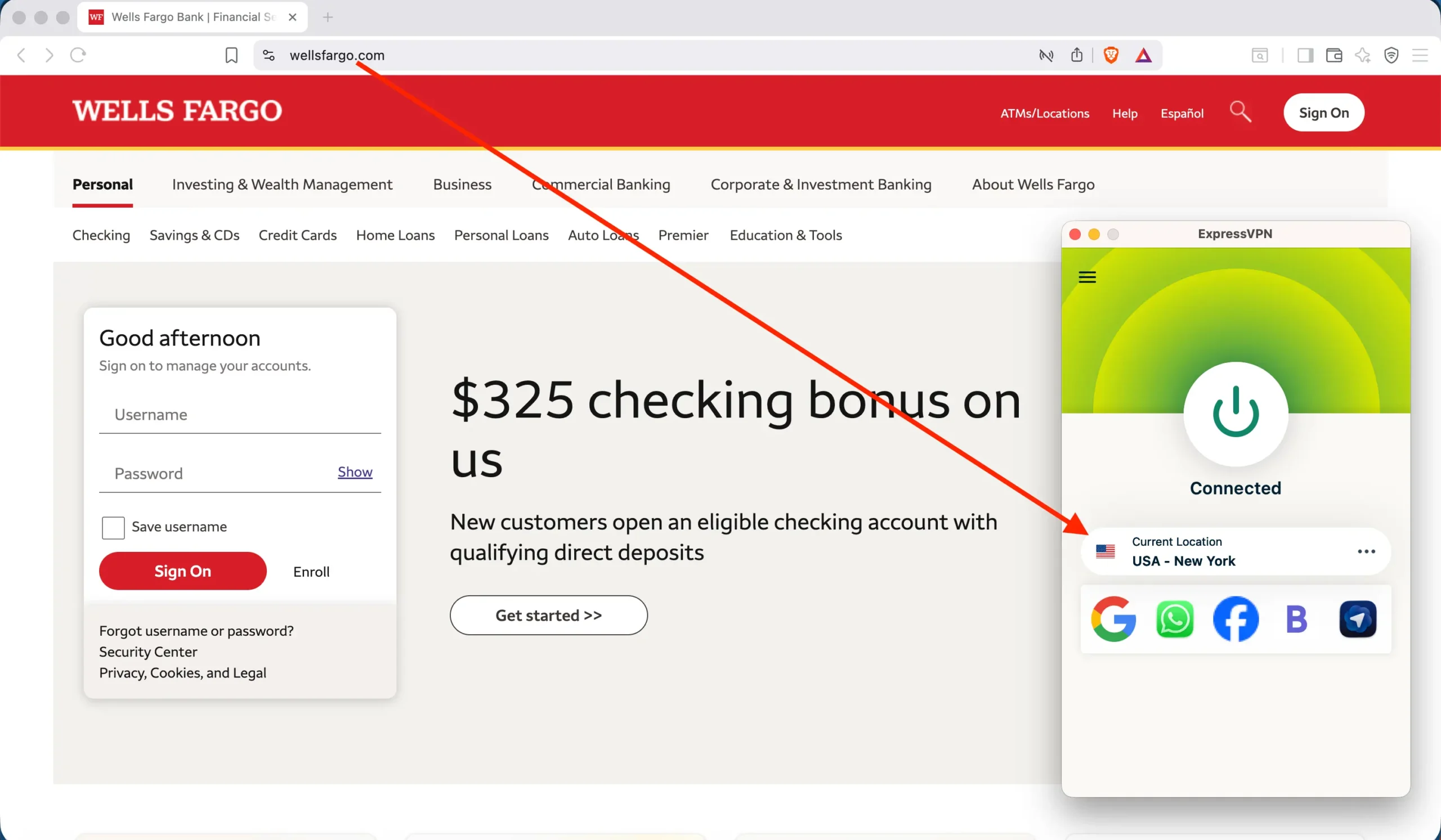 Wells Fargo connect website to Express VPN US | Venclikovi.com ExpressVPN set to New York restoring access to Wells Fargo from abroad