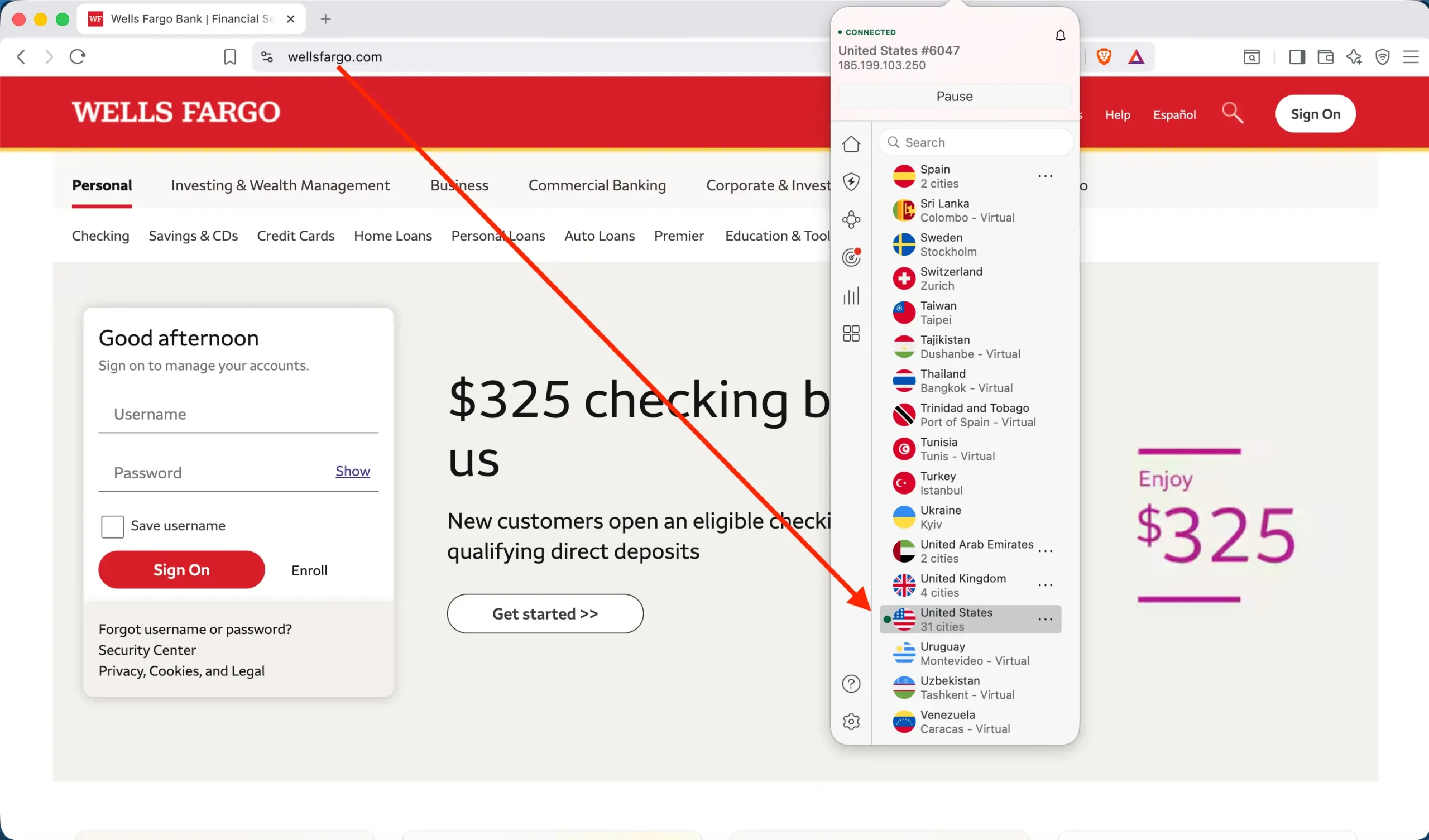 Wells Fargo website connect to NordVPN US servers | Venclikovi.com Wells Fargo website opened while connected to NordVPN US servers