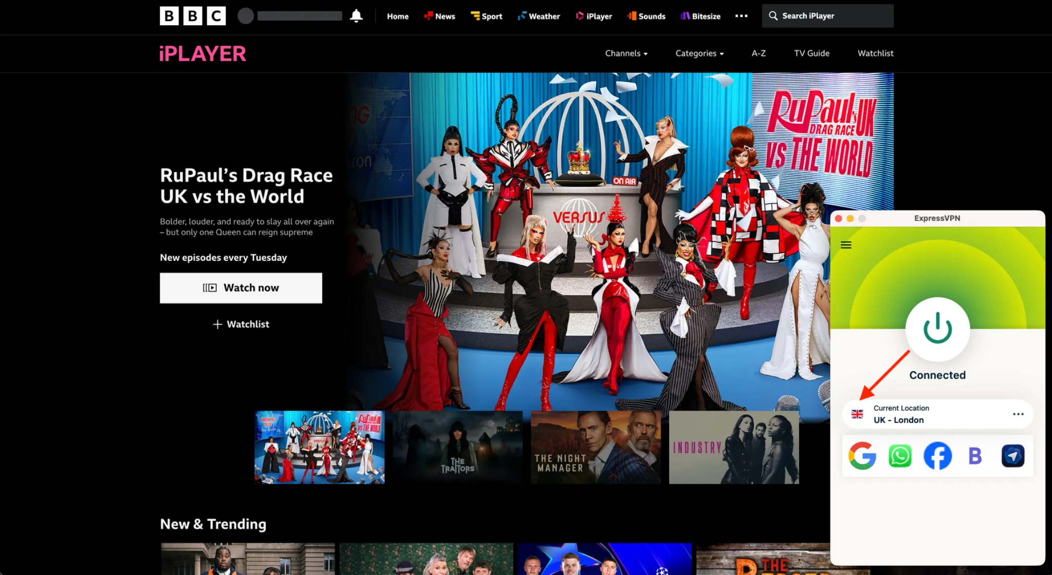 bbc-iplayer-drag-race-expressvpn | Venclikovi.com BBC iPlayer homepage showing RuPaul’s Drag Race UK with ExpressVPN connected to London.