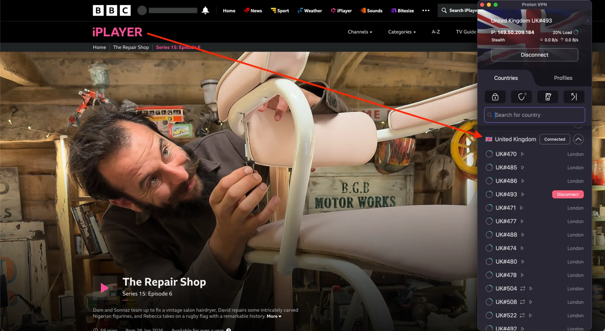 bbc-iplayer-repair-shop-protonvpn | Venclikovi.com BBC iPlayer streaming The Repair Shop while Proton VPN is connected to a UK server in London.