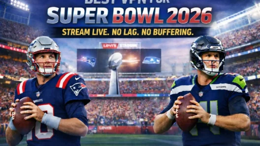 Best VPN for Super Bowl 2026 illustrated by quarterbacks Drake Maye and Sam Darnold at Levi’s Stadium, highlighting fast, stable streaming with no lag or buffering.