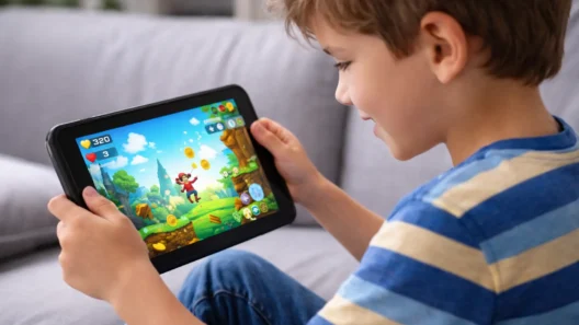 A young child playing games on a tablet at home, with the screen clearly visible
