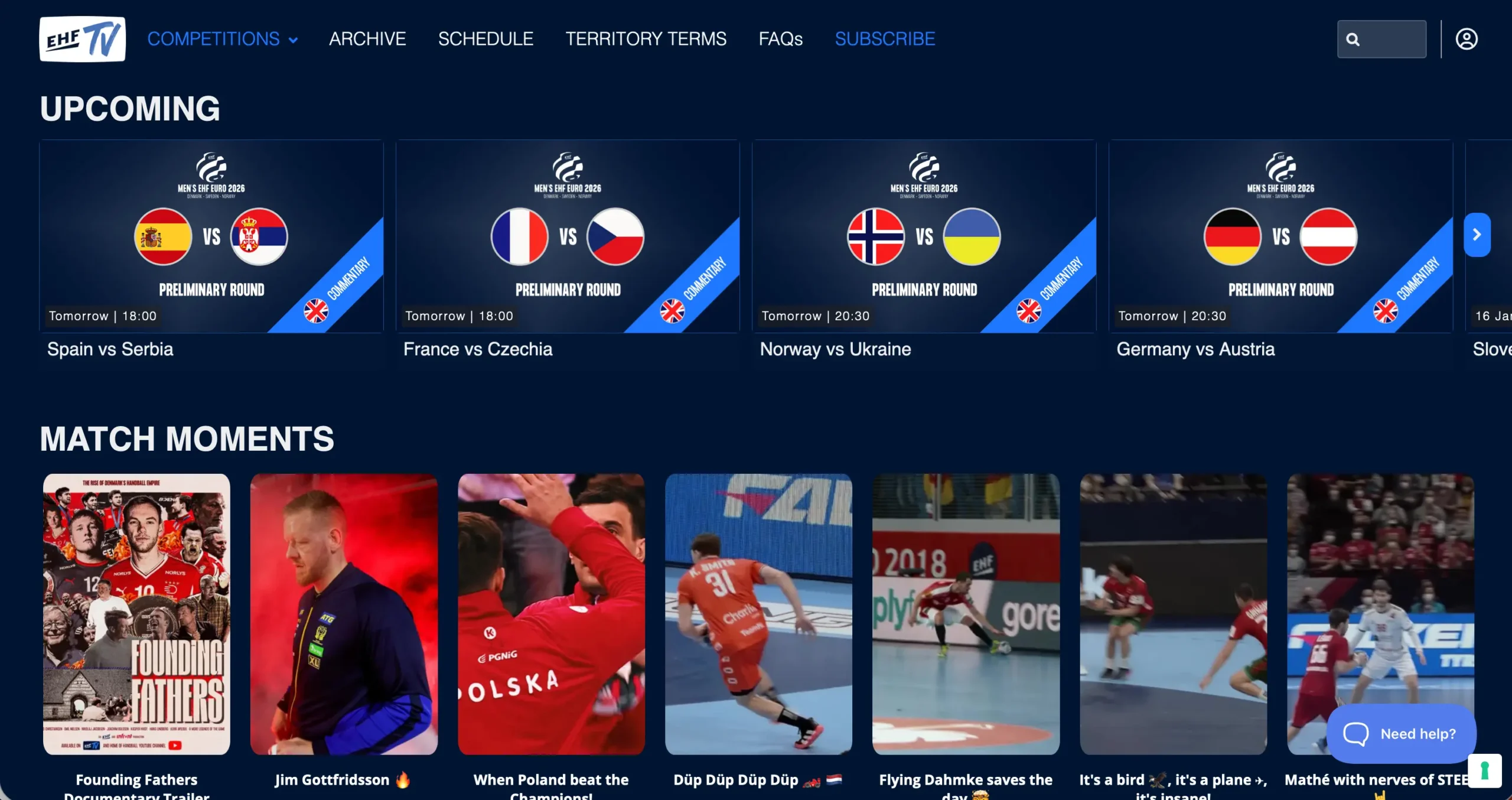 ehf-euro-2026-ehftv-live-stream-schedule | Venclikovi.com EHFTV homepage showing upcoming EHF EURO 2026 handball matches including Spain vs Serbia, France vs Czechia, Norway vs Ukraine, and Germany vs Austria