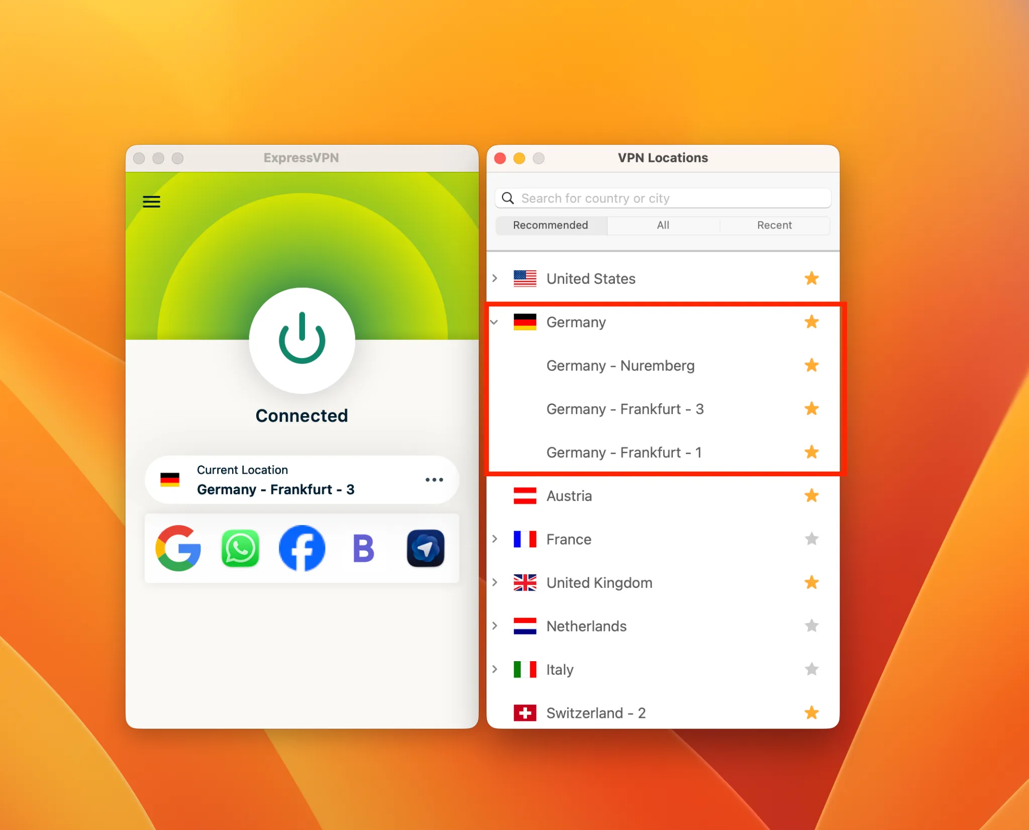 expressvpn-germany-frankfurt | Venclikovi.com ExpressVPN app connected to Germany - Frankfurt with available locations in Nuremberg and more