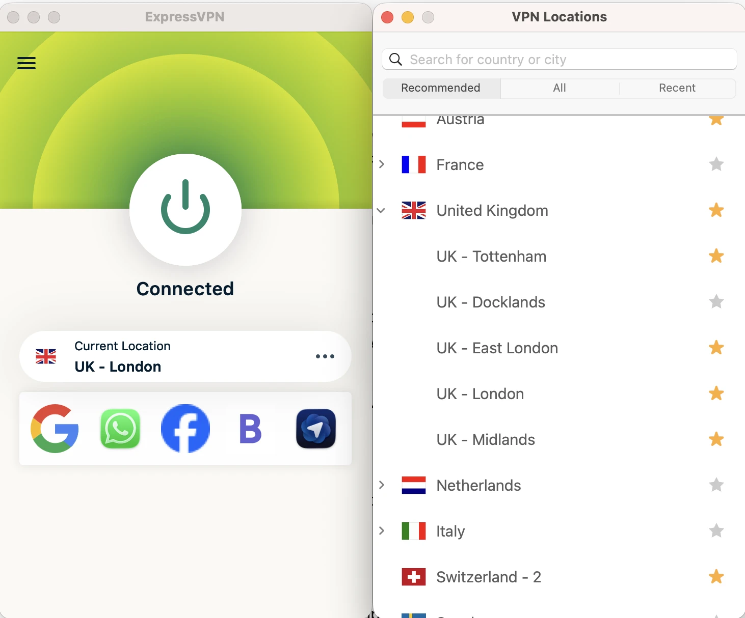 expressvpn-uk-connected | Venclikovi.com ExpressVPN connected to a UK London server, used to access free Super Bowl 2026 live streams on British platforms while outside the UK.