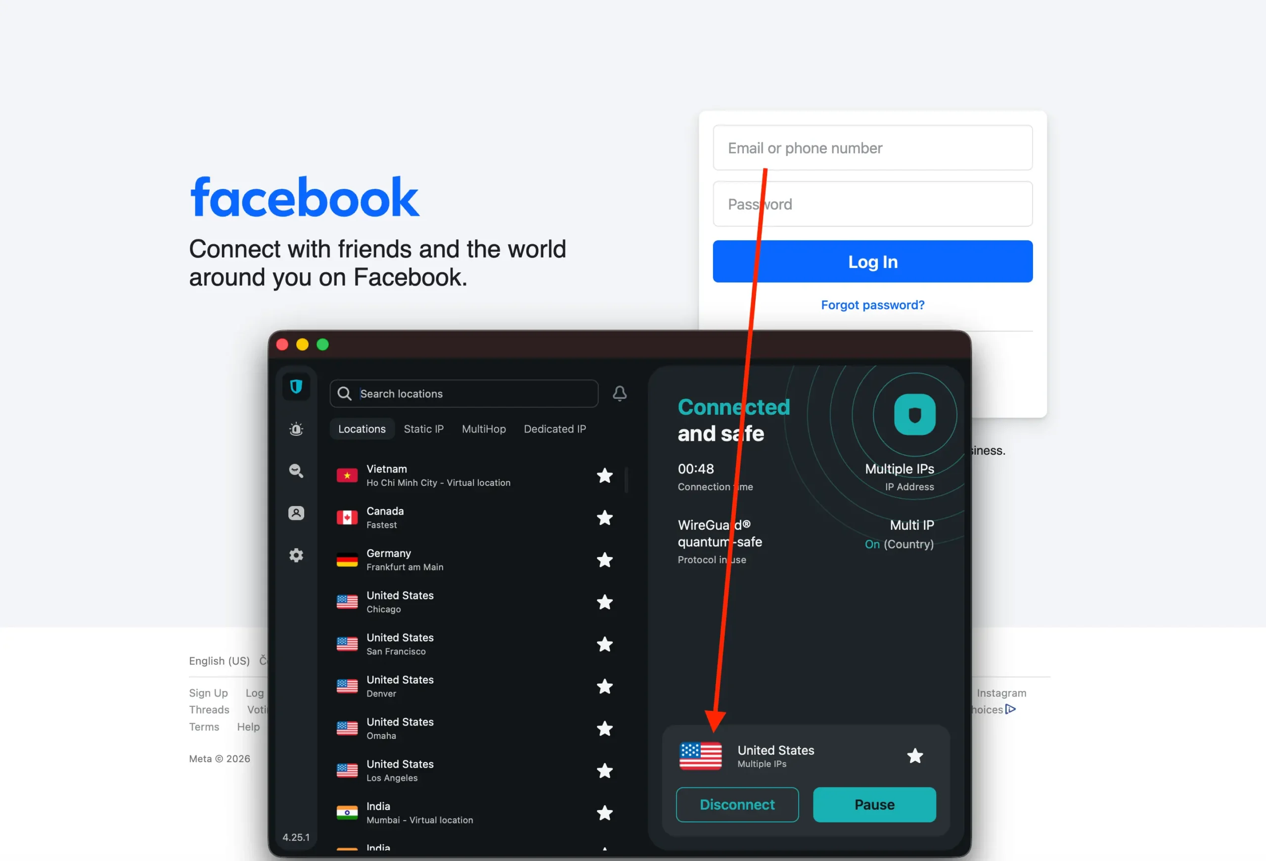 facebook-login-surfshark-vpn-connected-usa | Venclikovi.com Facebook login screen with Surfshark VPN connected to a US server, showing encrypted connection for safe access and hidden IP address
