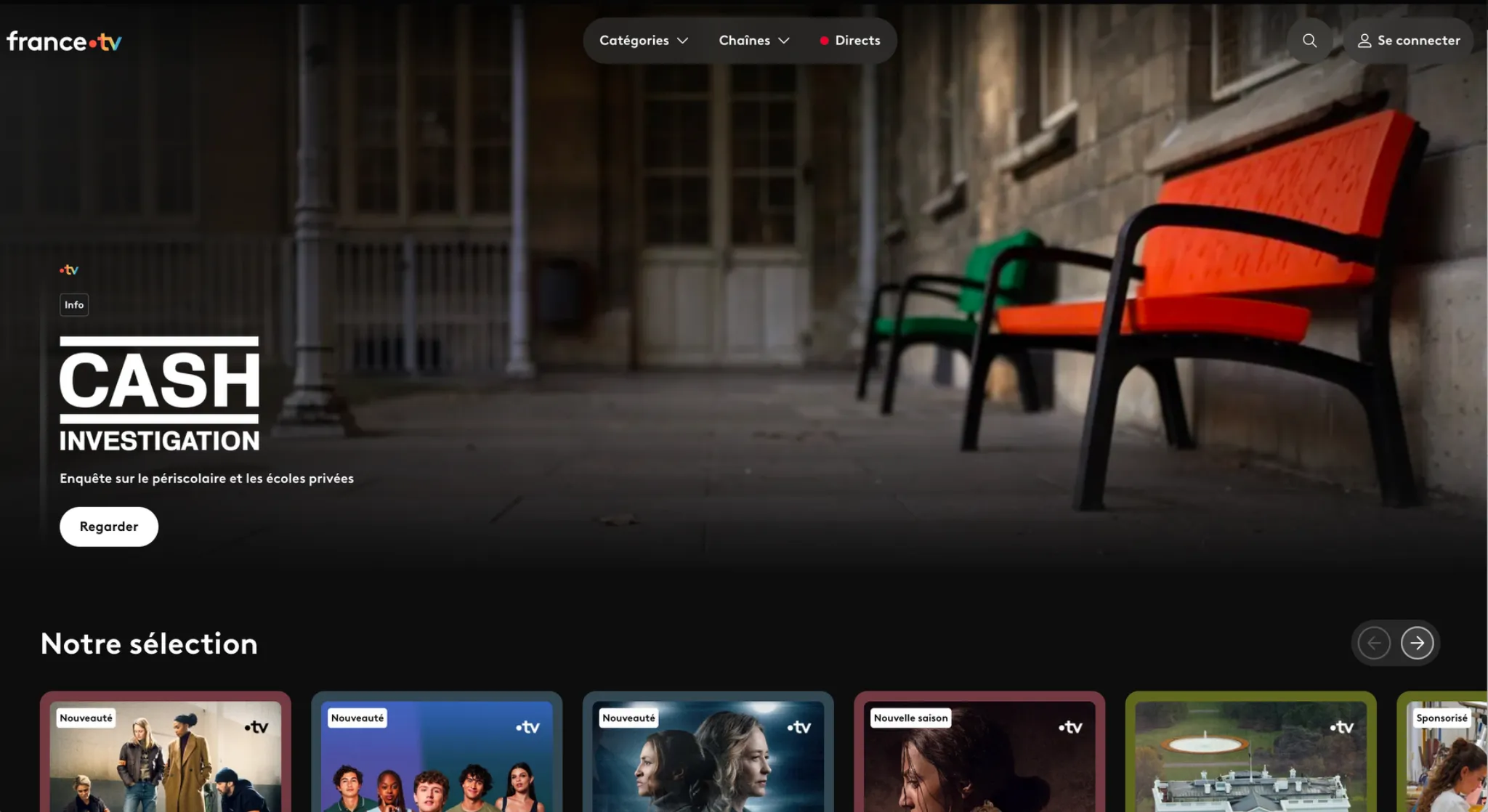 francetv-streaming-interface | Venclikovi.com Screenshot of the France.tv streaming homepage featuring Cash Investigation and the “Notre sélection” content carousel.