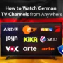 Smart TV showing major German TV channels like ARD, ZDF, RTL, ProSieben, Sat.1, VOX and KiKA with the German flag in the background, illustrating how to watch German TV from anywhere using a VPN