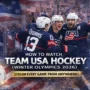 Team USA ice hockey players celebrating a goal during the Winter Olympics 2026, representing the United States at the Milano Cortina Games.