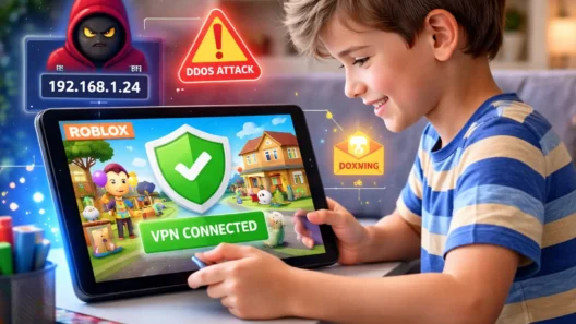 Child playing Roblox on a tablet while protected by a VPN against IP tracking, doxxing, and DDoS attacks