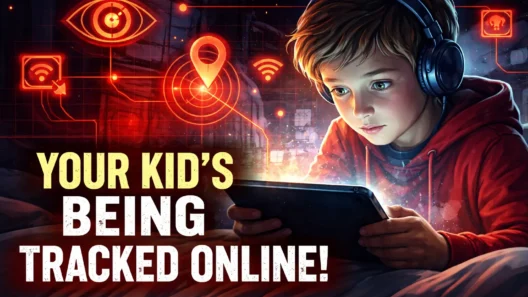A young boy with headphones stares at a tablet, surrounded by digital tracking icons like an eye, Wi-Fi, and map pin, illustrating online surveillance risks.