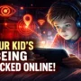 A young boy with headphones stares at a tablet, surrounded by digital tracking icons like an eye, Wi-Fi, and map pin, illustrating online surveillance risks.