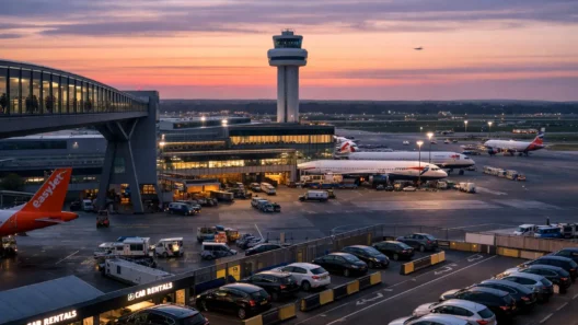 Alt text: London Gatwick Airport at sunset with planes, terminal buildings, and car rental area, showing a busy travel hub where smart booking can save money