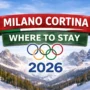 Milano Cortina 2026 Winter Olympics with alpine mountains and Olympic rings, guide to where to stay in Italy.