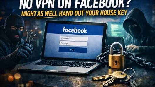 Using Facebook without a VPN exposes your account and data, shown by an unlocked Facebook login, hackers, and house keys symbolizing lost privacy