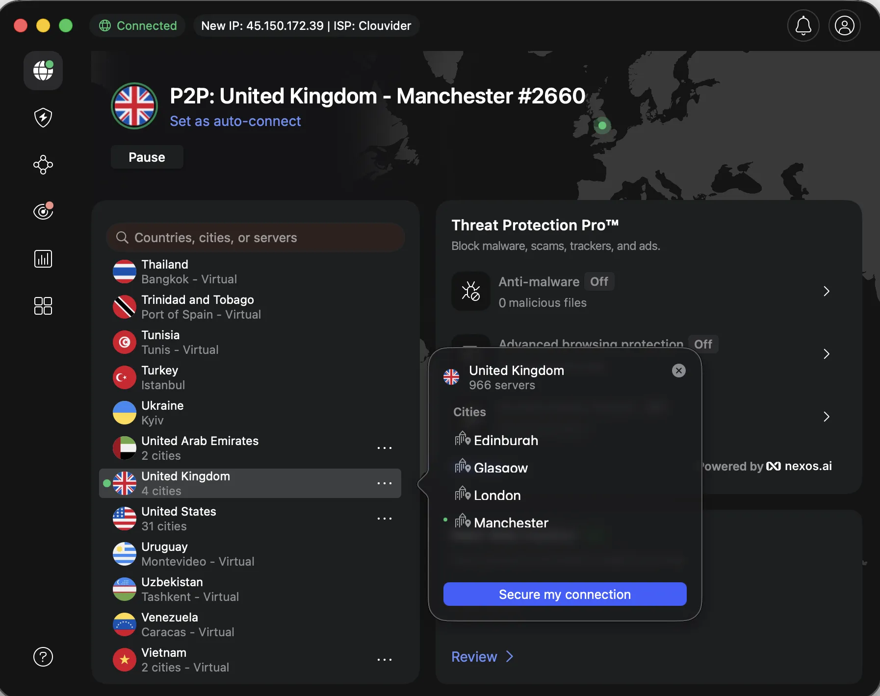 nordvpn-uk-manchester-ui-2026 | Venclikovi.com NordVPN app connected to a Manchester server in the UK with P2P and Threat Protection enabled.
