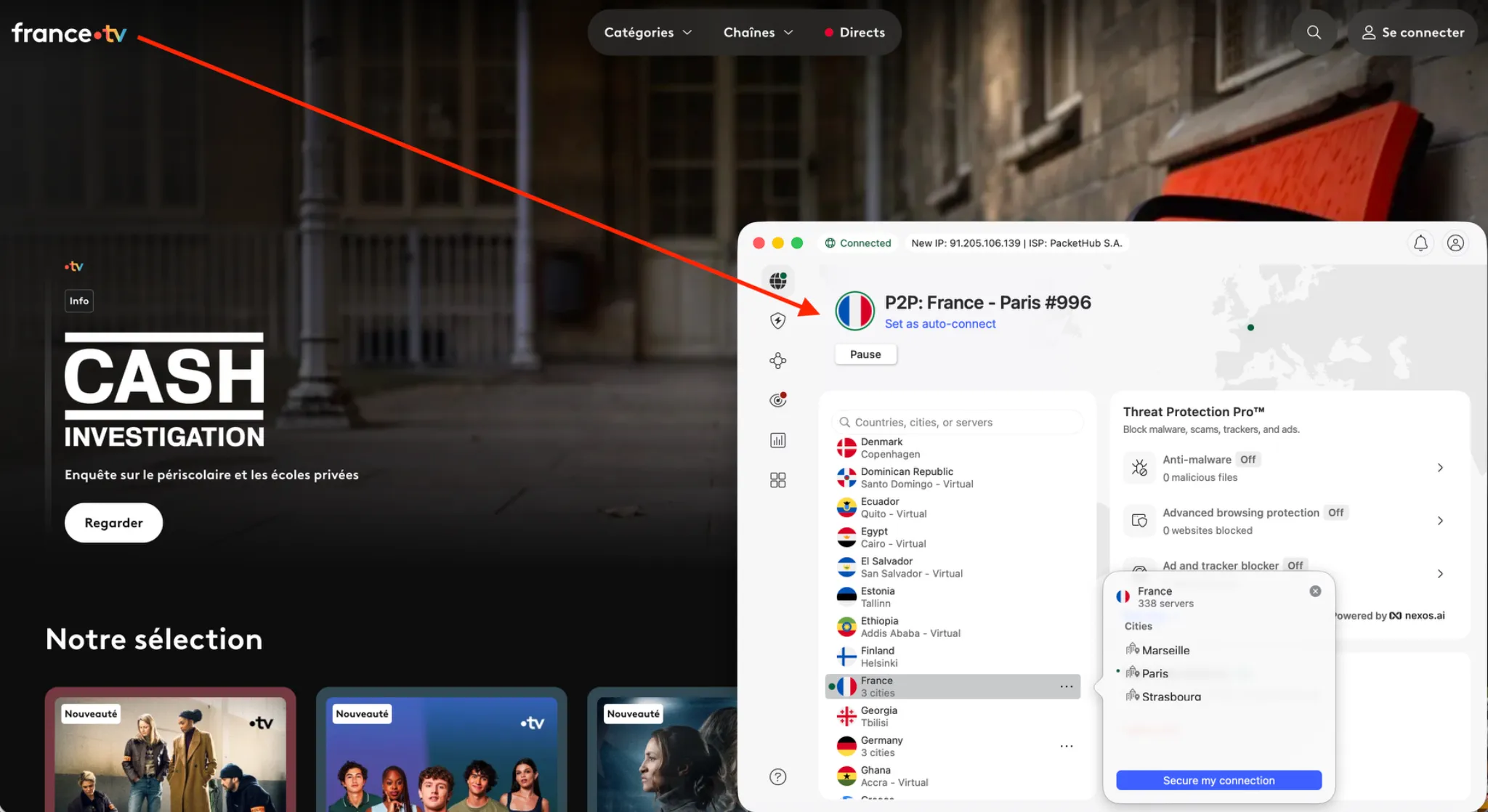 nordvpn_france_francetv_test | Venclikovi.com France.tv website streaming while connected to NordVPN’s Paris server, showing the Cash Investigation program