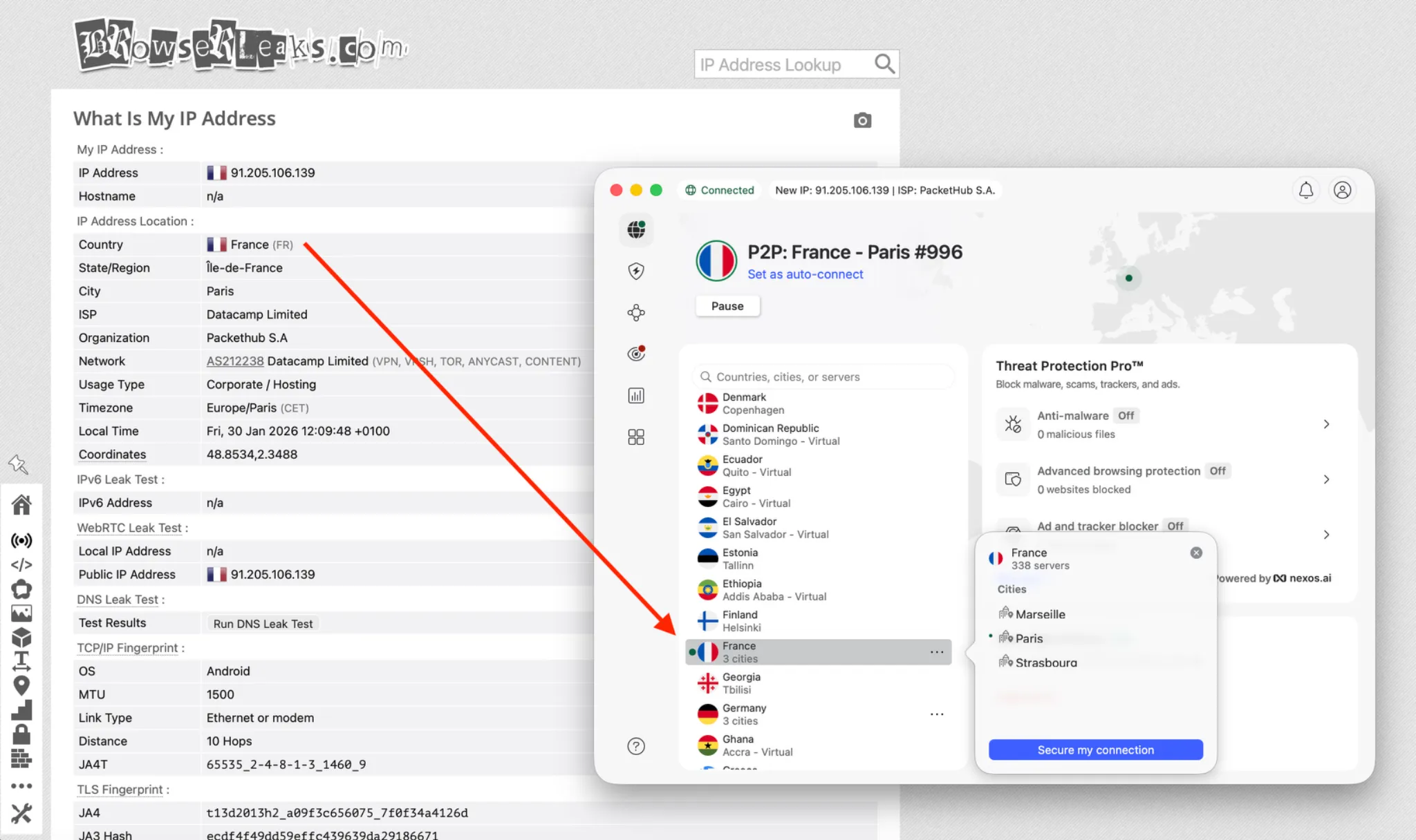 nordvpn_france_ip_test | Venclikovi.com BrowserLeaks IP address test confirming a French IP and location in Paris while connected to NordVPN’s France server