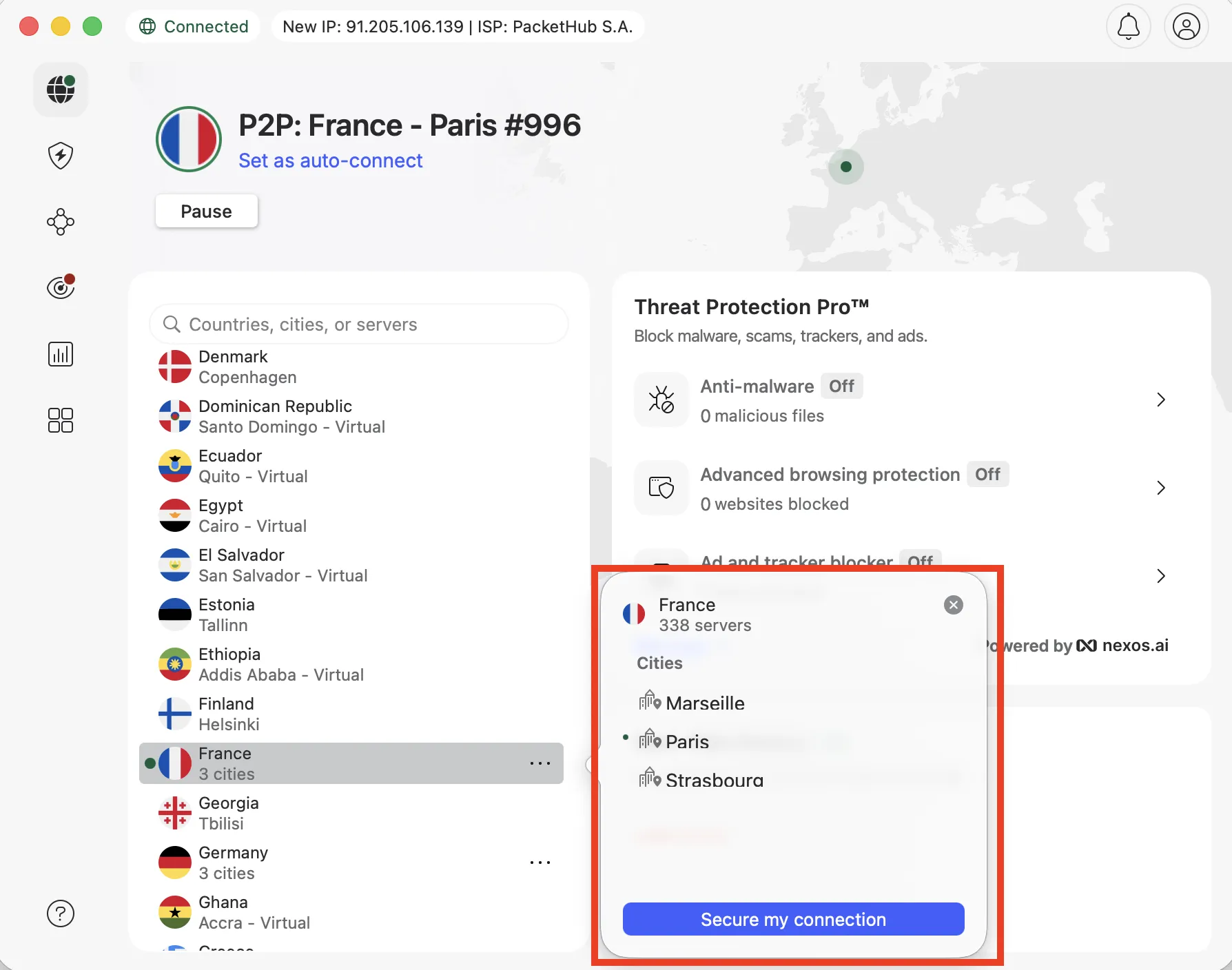 nordvpn_france_servers_gui | Venclikovi.com NordVPN app showing 338 physical servers in France with city selection for Paris, Marseille, and Strasbourg