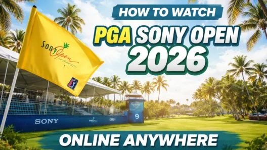 Wide 16:9 view of the Sony Open in Hawaii golf course with palm trees and a yellow tournament flag waving near the green, captured during PGA Tour action in Honolulu.